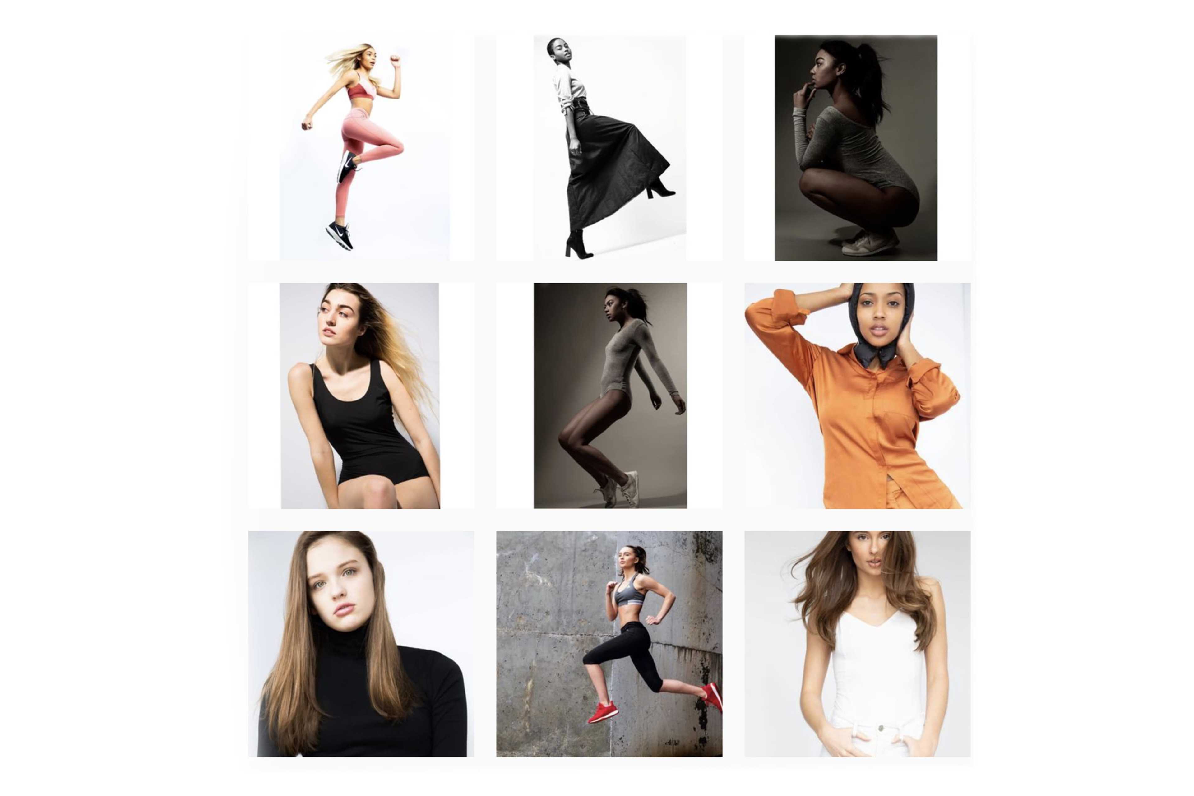 The image features a grid of nine photos showcasing women in various poses and outfits, including athletic wear and dresses against different backgrounds.