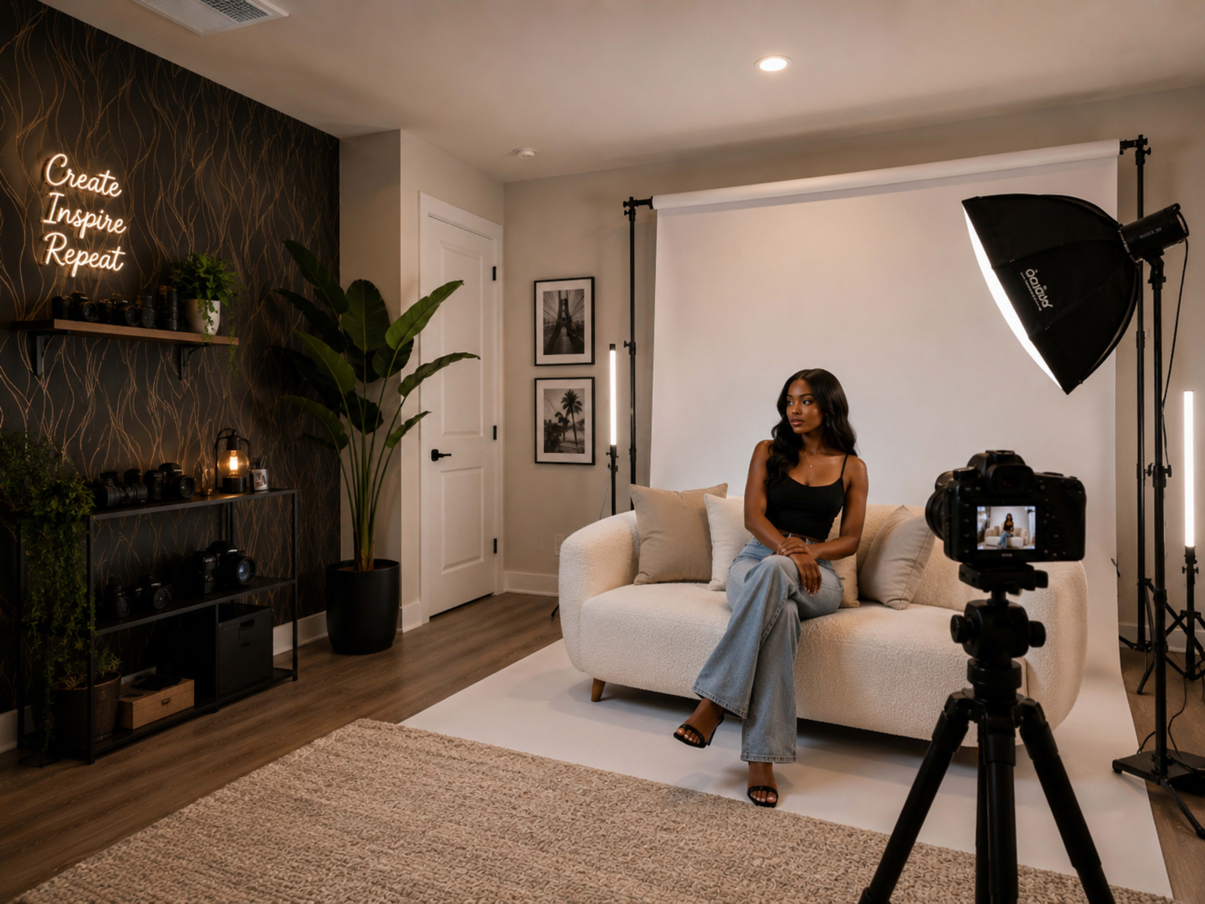 A woman sits on a light-colored sofa in a well-decorated room, facing a camera positioned on a tripod, with soft lighting from a nearby softbox.