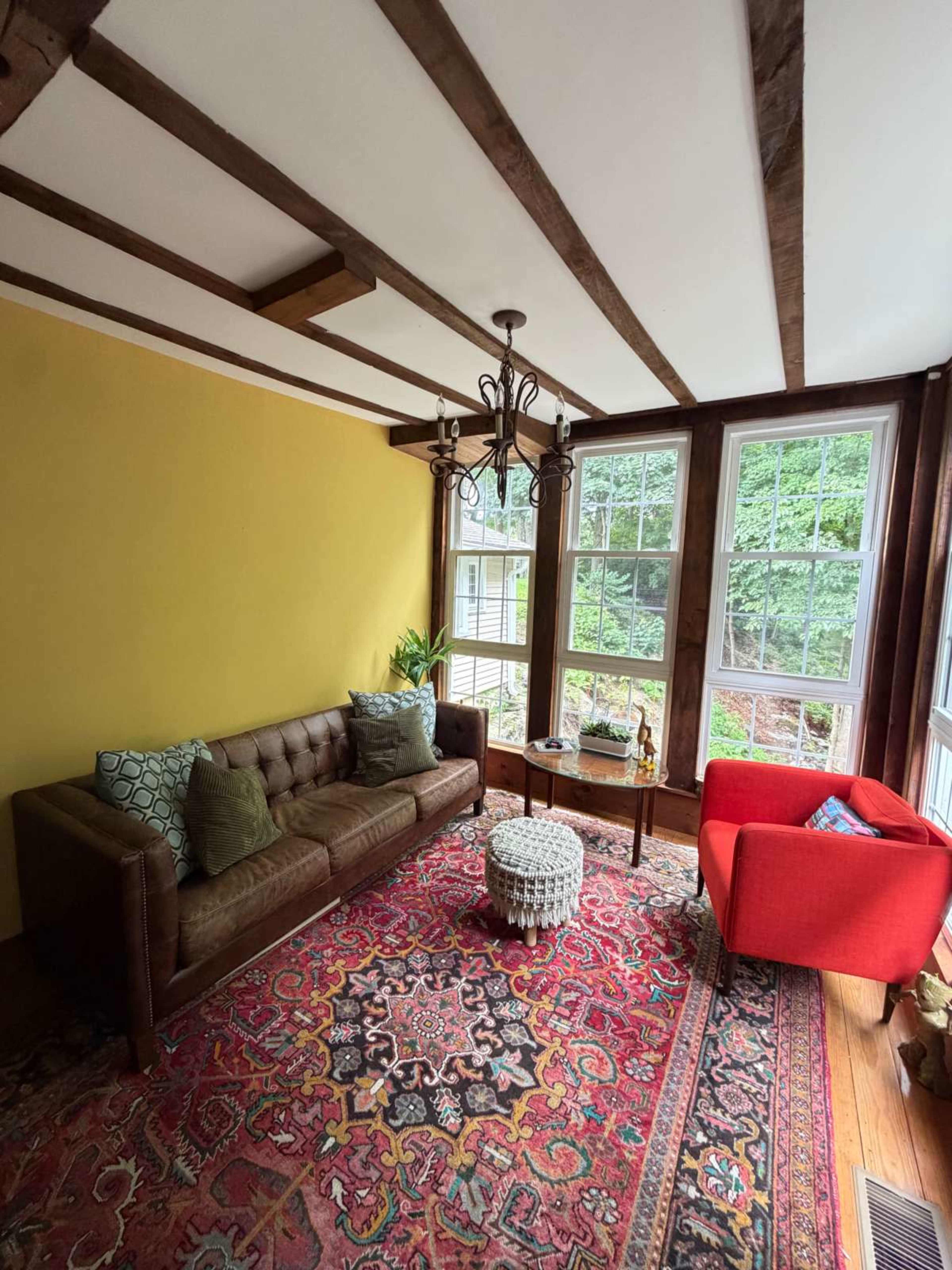 The image shows a cozy living room with a brown leather couch, a red armchair, a patterned rug, and large windows letting in natural light.