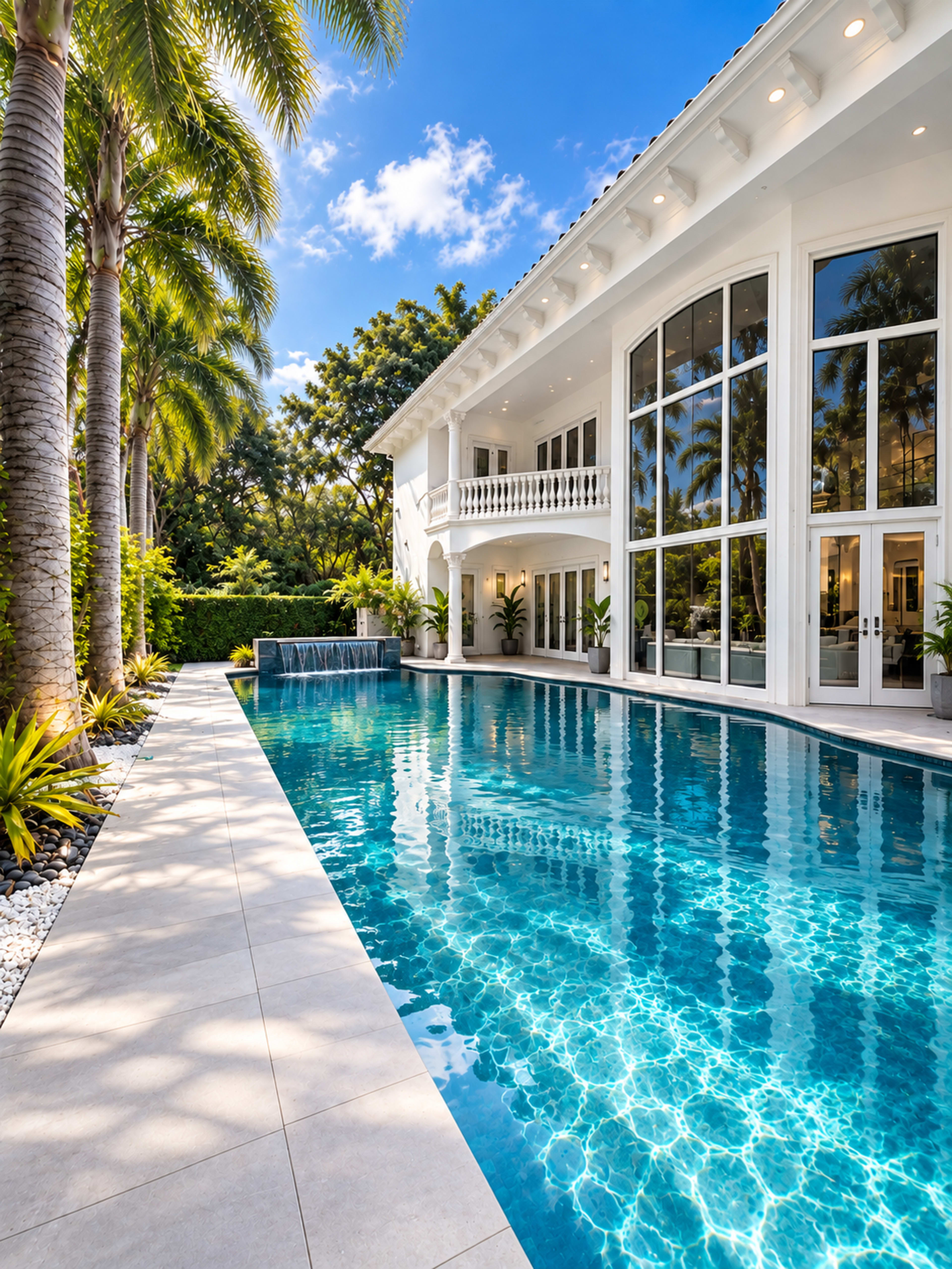 A clear blue pool reflects the sky and palm trees beside a modern white house with large glass windows.