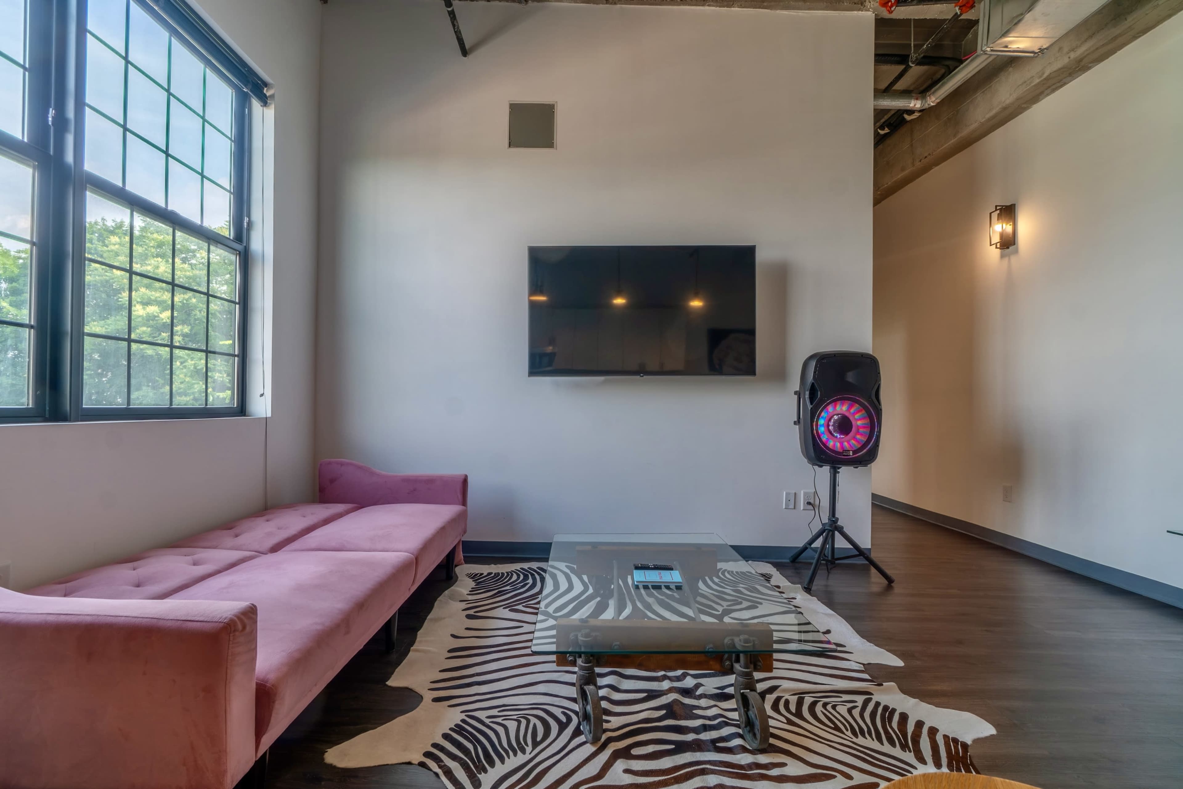 The image shows a modern living room with a pink couch, a television mounted on the wall, and a zebra-striped rug on a hardwood floor.