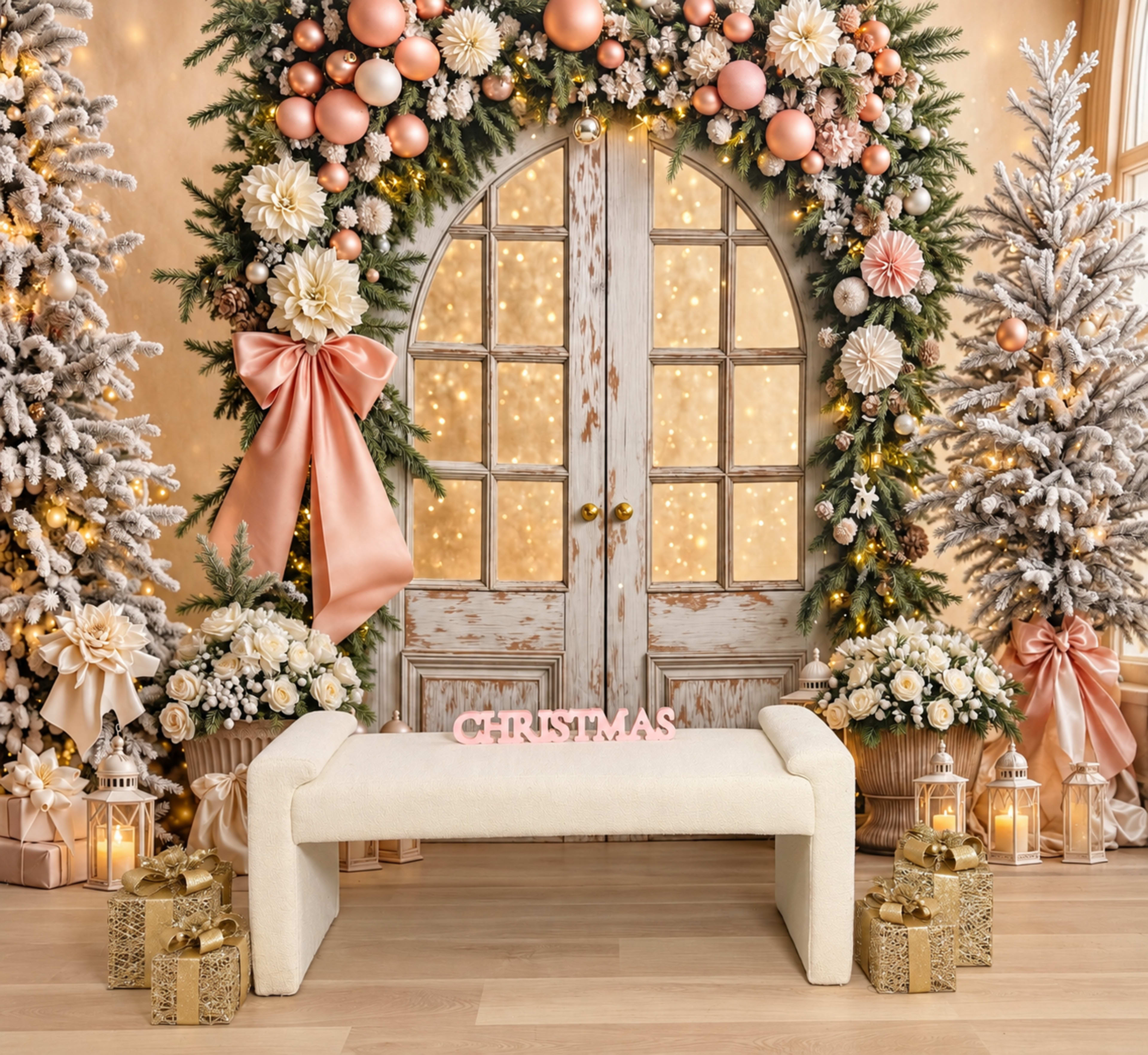 A beautifully decorated winter scene features a wooden double door adorned with a floral arch and Christmas ornaments, flanked by snowy pines and golden gift boxes.