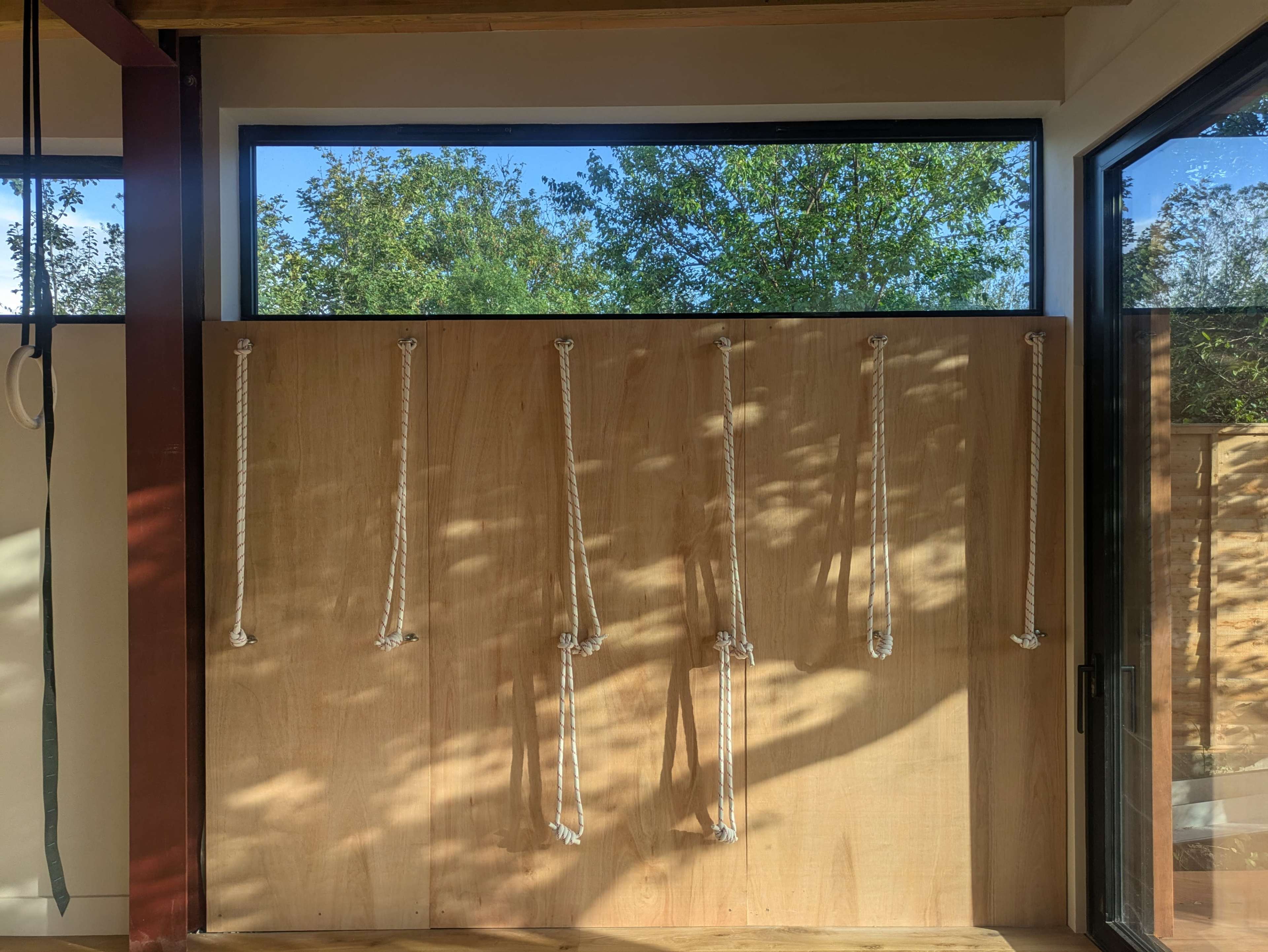 Light-filled movement studio in a garden, with natural wood accents Image in Leyton, London, ENG