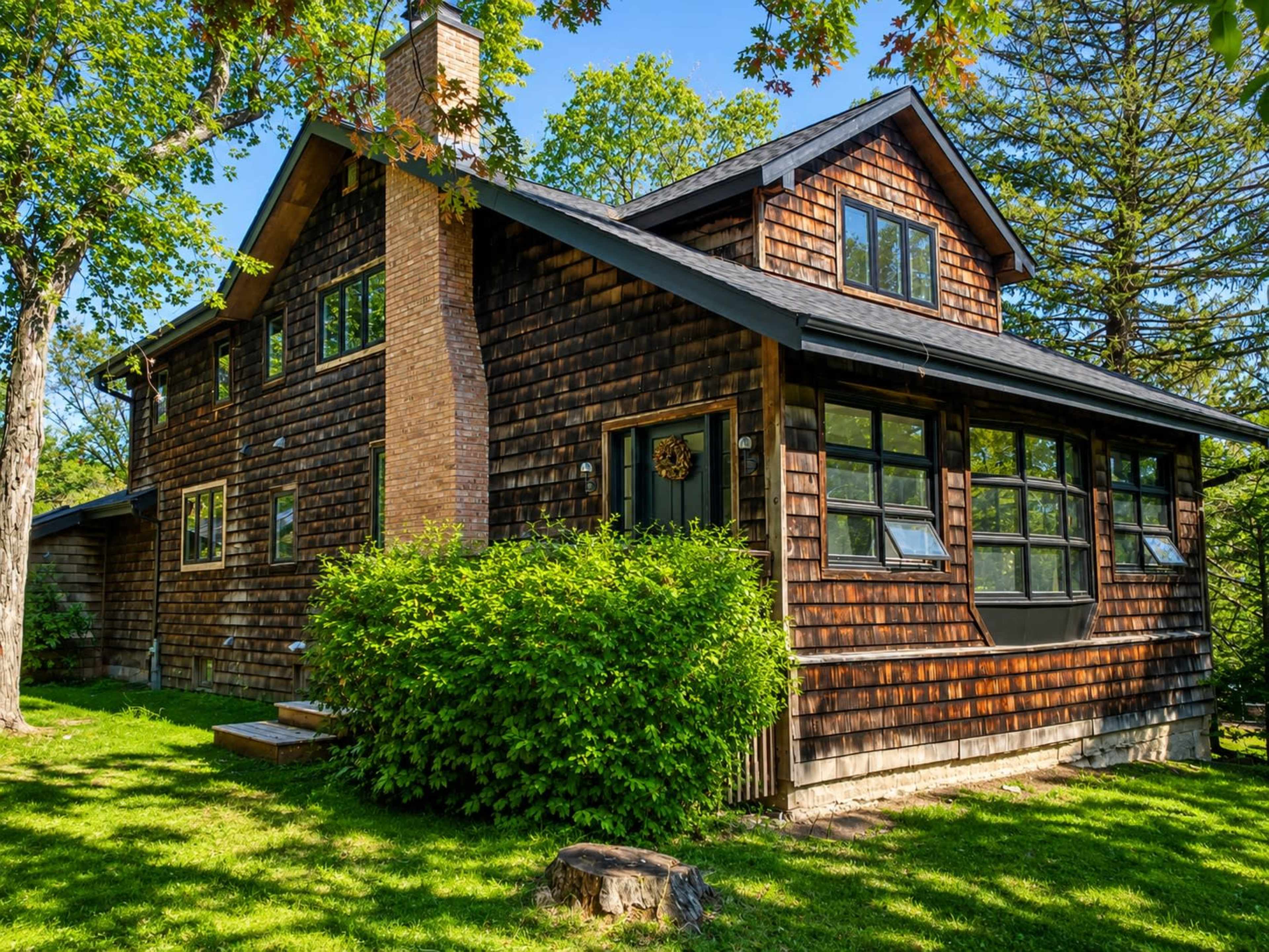The image shows a wooden house with a chimney, surrounded by greenery and trees.
