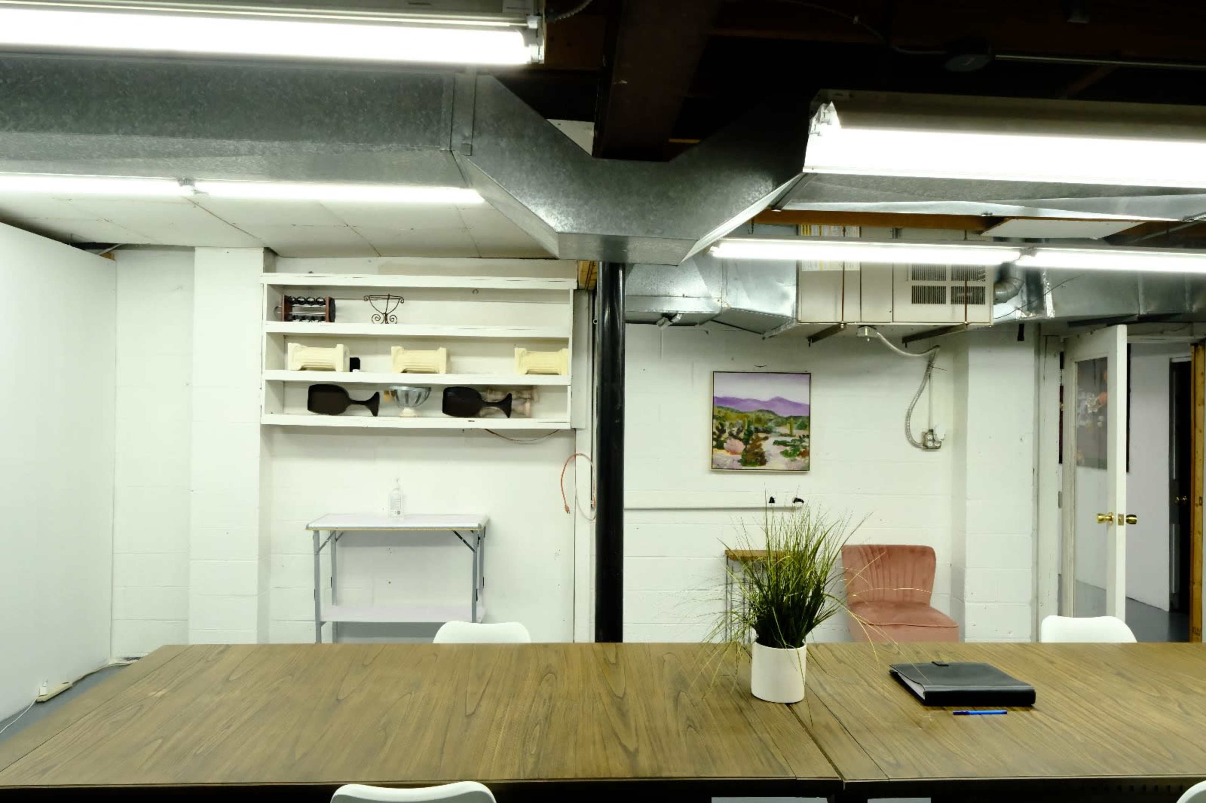 The image shows a minimalist basement office space featuring a large wooden table, a potted plant, and shelves with various items on the walls.