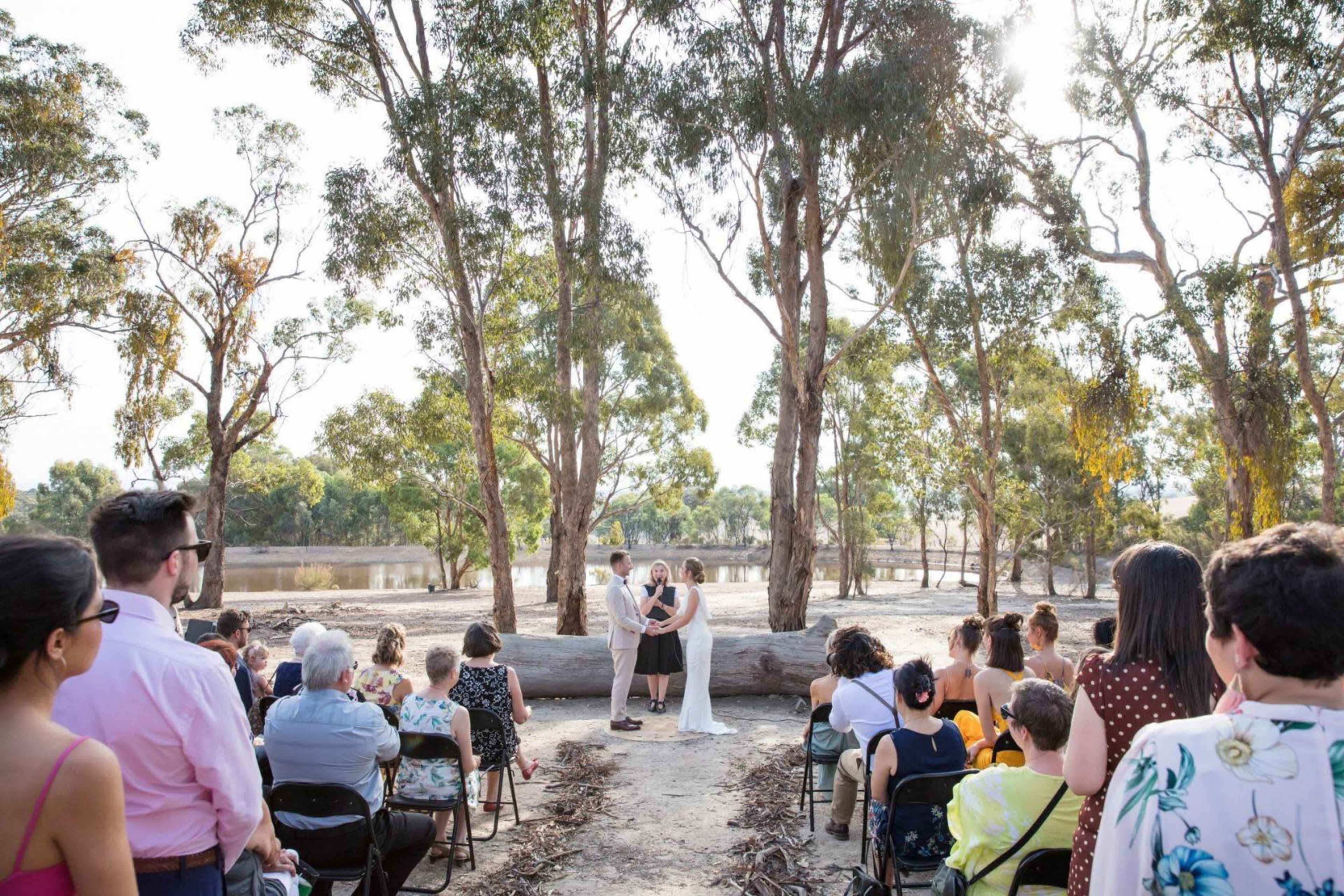 A couple stands in front of a gathering of guests under trees by a body of water during a wedding ceremony.