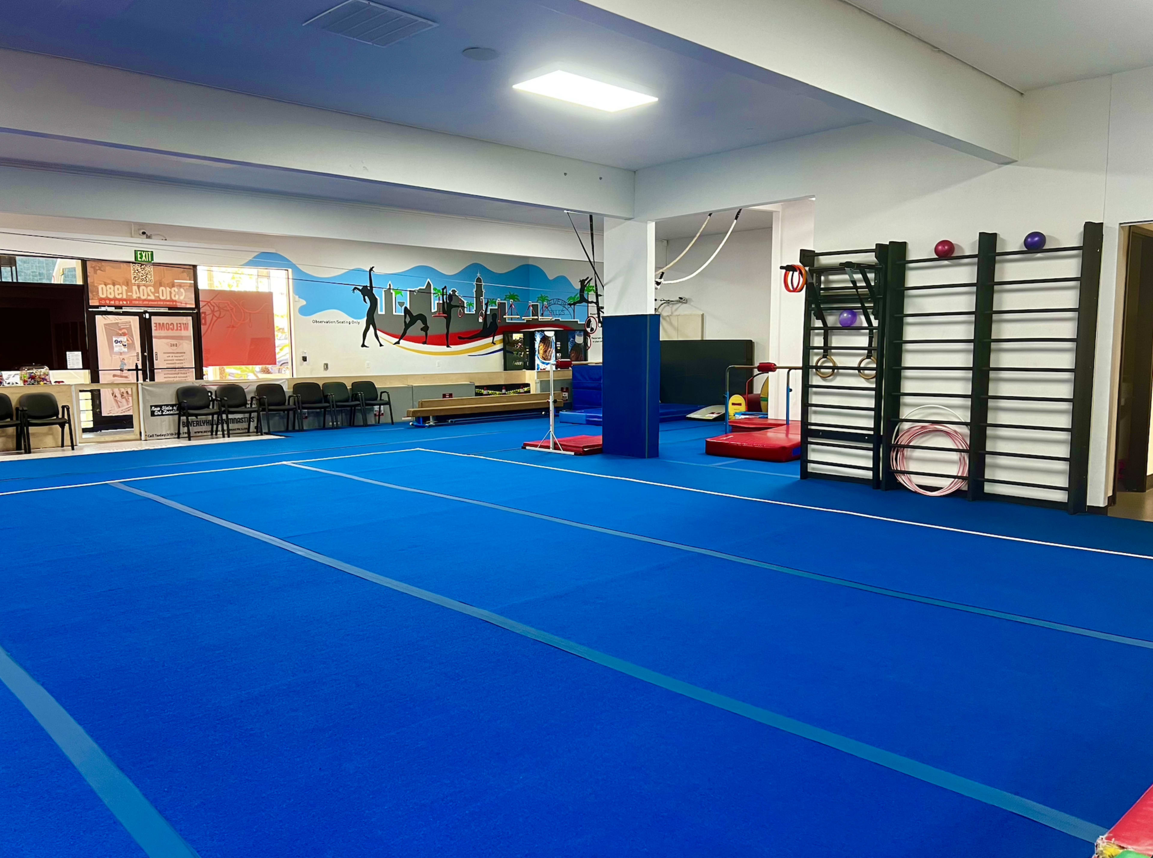 A brightly lit gymnasium with blue mats, exercise equipment, and a mural on the wall.