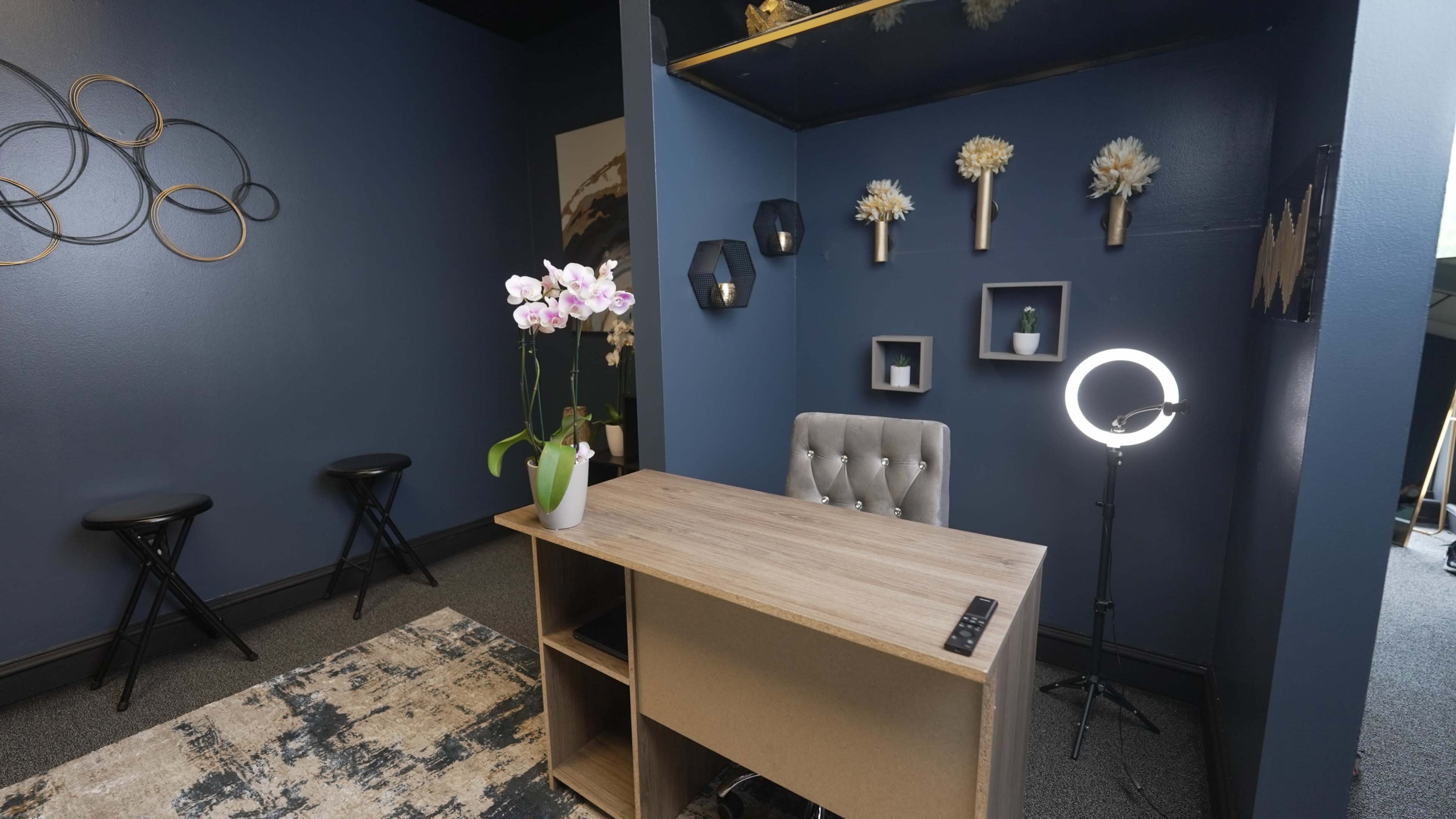 The image shows a small office space featuring a wooden desk, a decorative plant, wall-mounted shelves with ornaments, and a ring light.