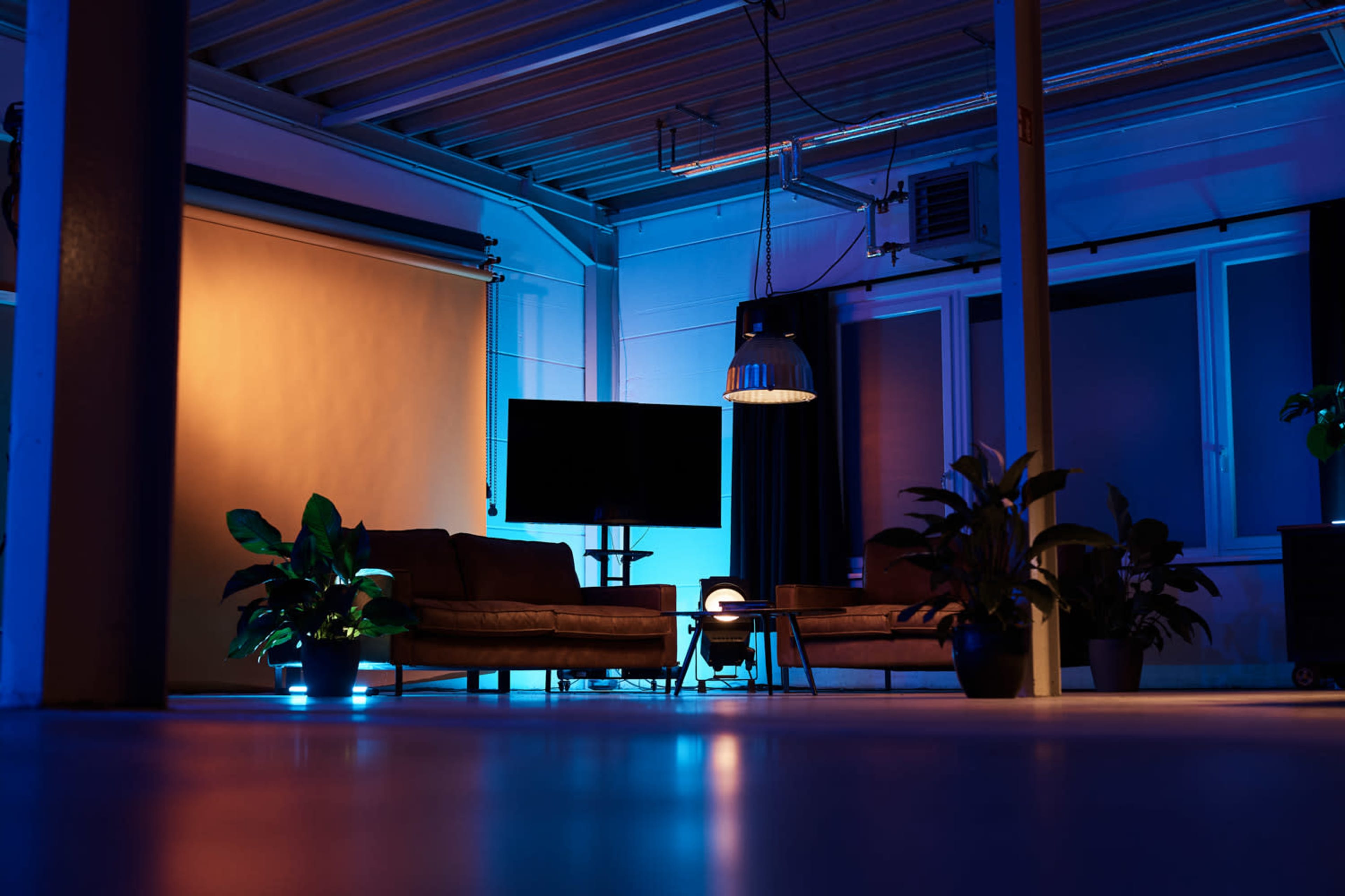 A modern room with two brown sofas, a coffee table, a television, and various potted plants illuminated by blue and soft amber lighting.