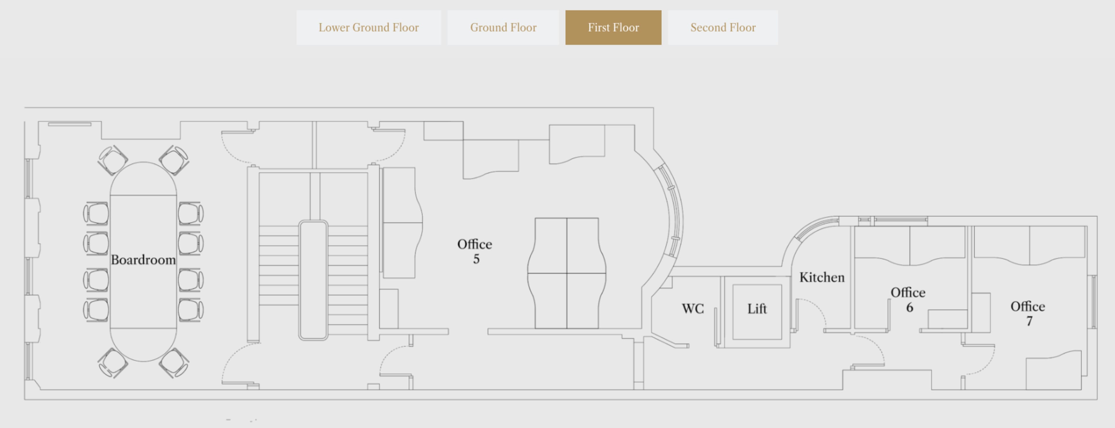 The floor plan depicts the first floor layout, featuring a boardroom, three offices, a kitchen, a lift, and a restroom.