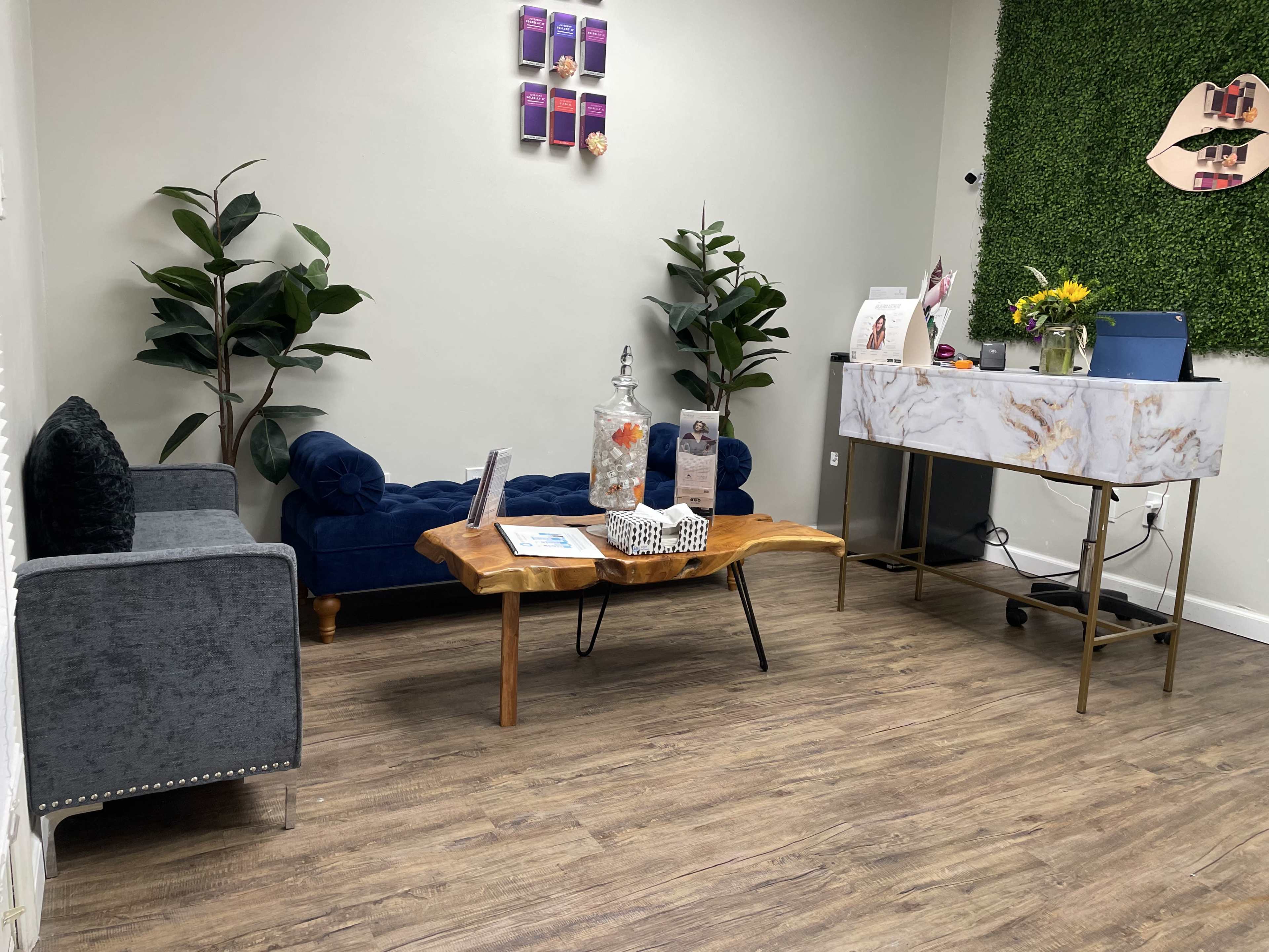 A small, modern waiting area featuring a blue sofa, a wooden coffee table, and a decorative desk against a green wall with artificial plants.