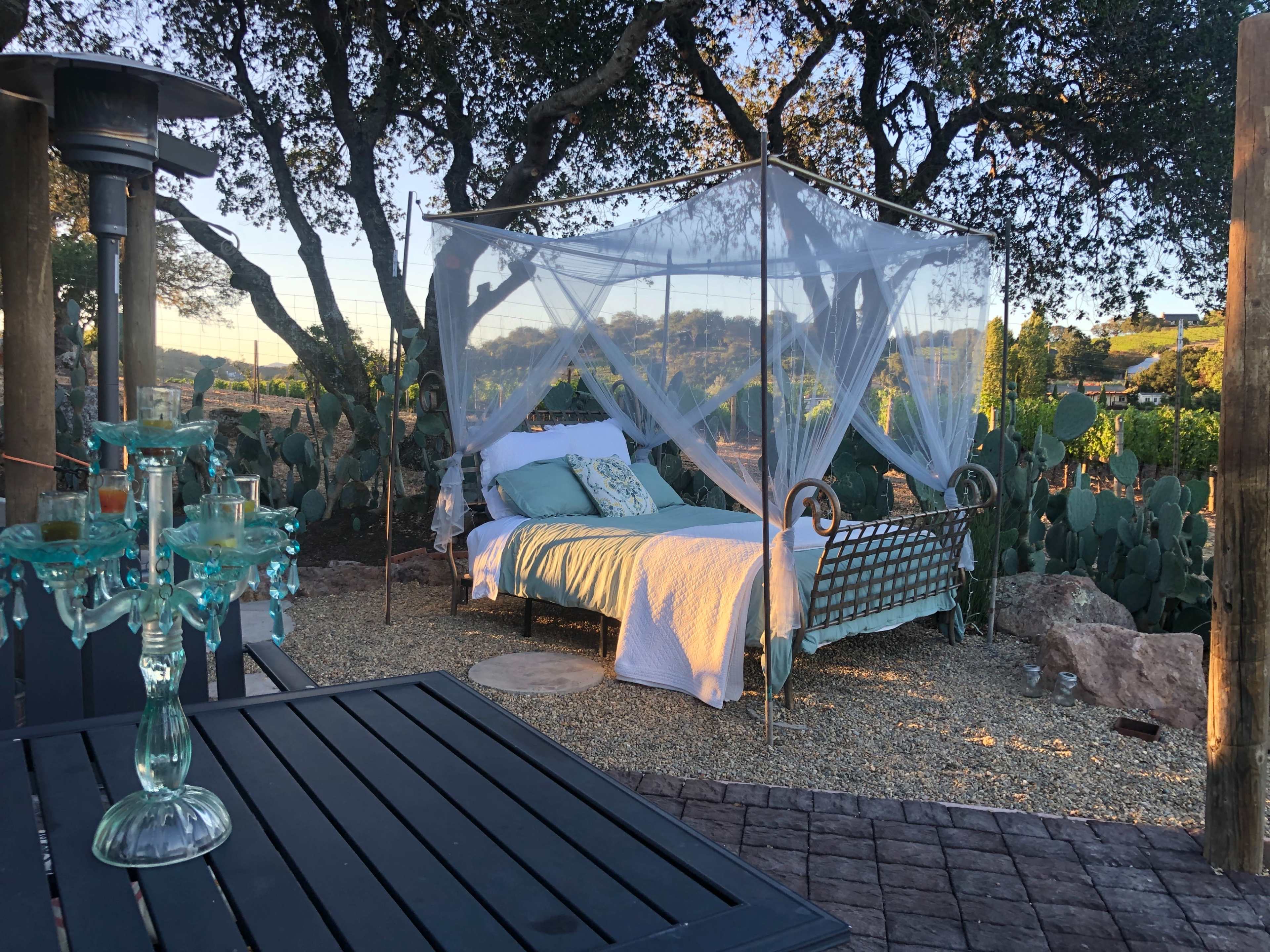 A canopied bed is set in a garden surrounded by cacti, with a table and decorative glassware nearby.