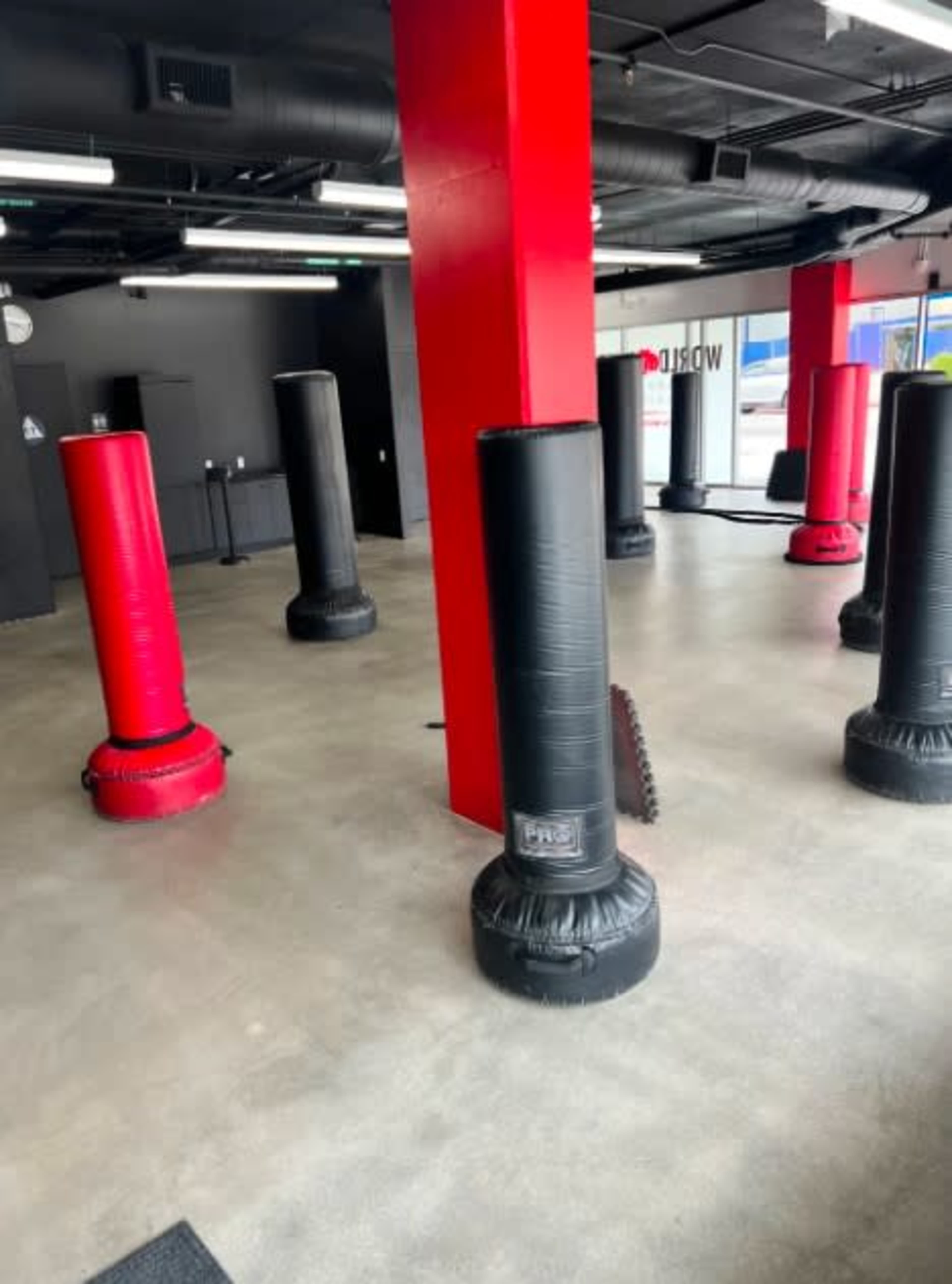 A fitness studio with several black and red punching bags arranged on a concrete floor.