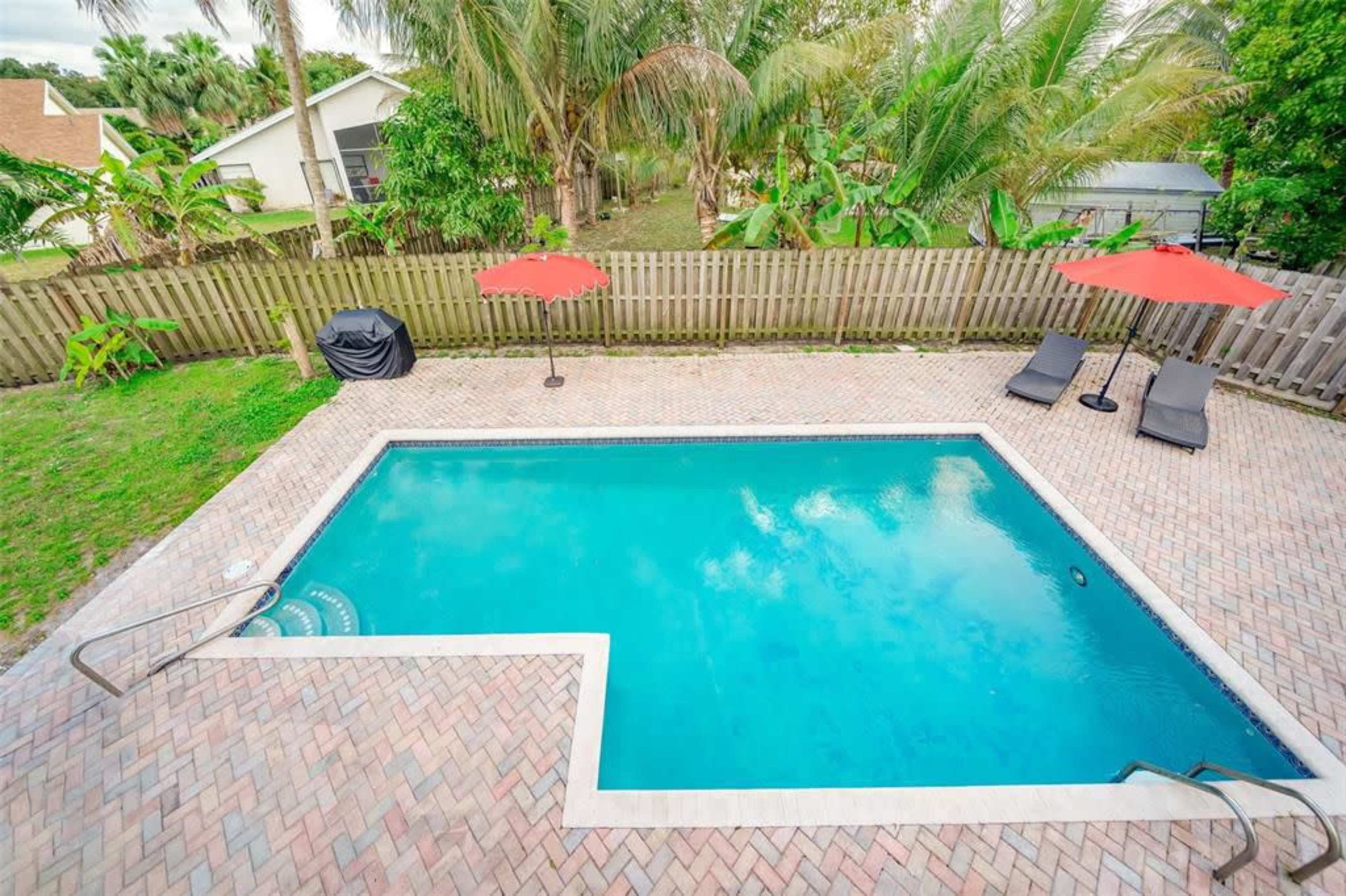 The image shows a rectangular swimming pool surrounded by a brick patio, with two lounge chairs and two red umbrellas nearby, set in a lush backyard with palm trees.