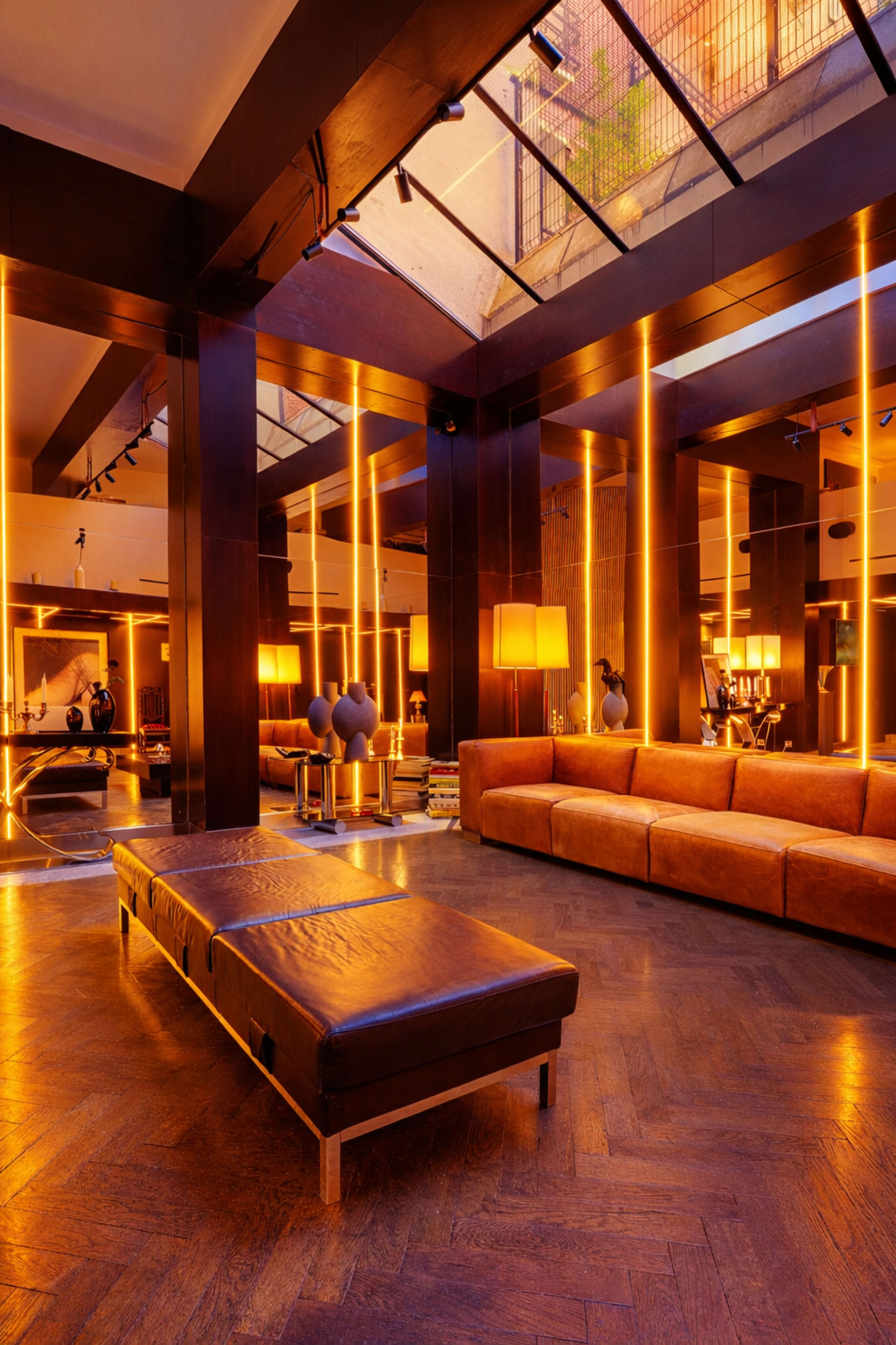 The image showcases a modern lounge area featuring warm lighting, sleek surfaces, and a combination of comfortable seating and decorative elements.