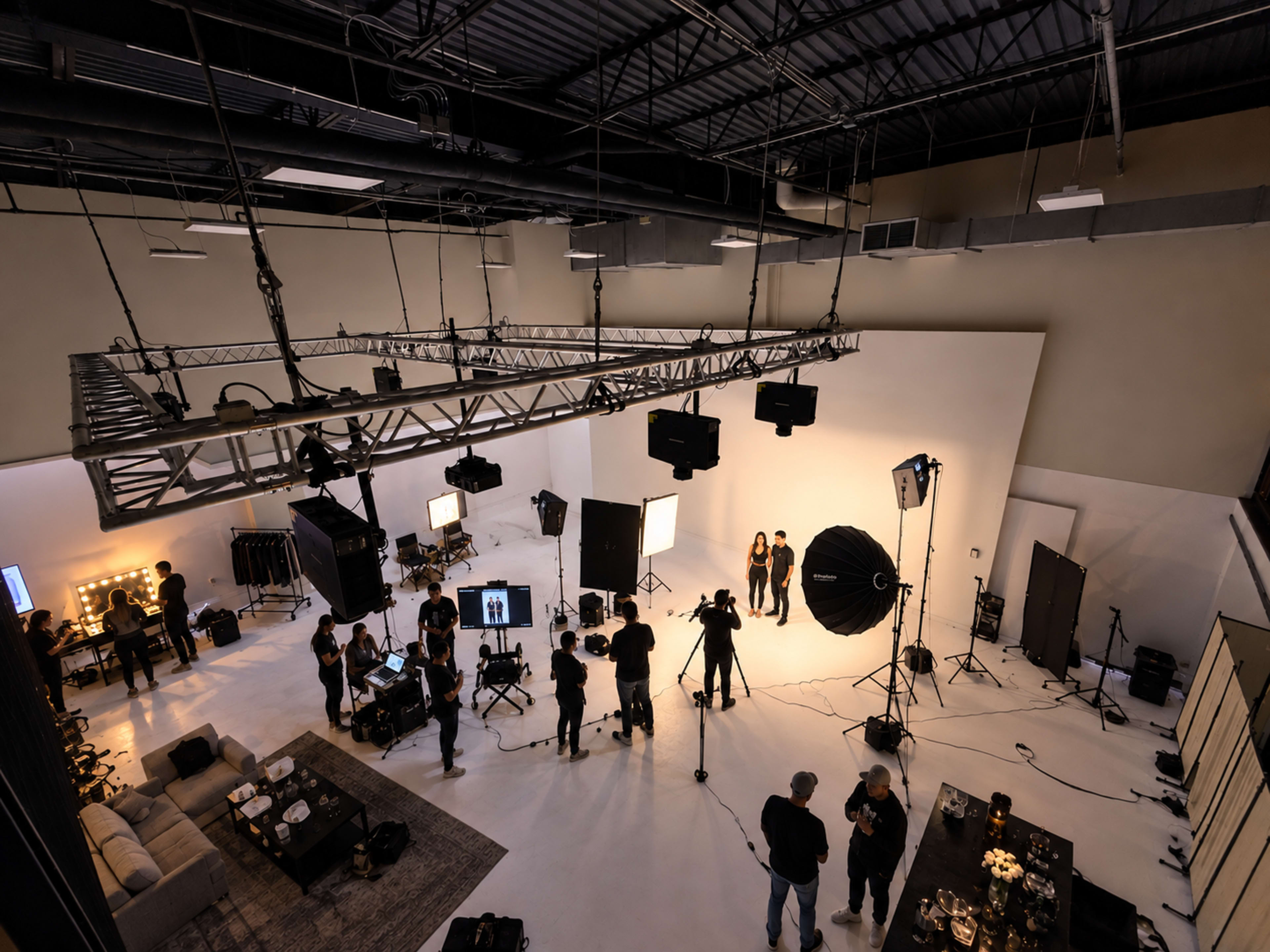 A photography studio is filled with equipment and crew members working around a model posing against a white backdrop.