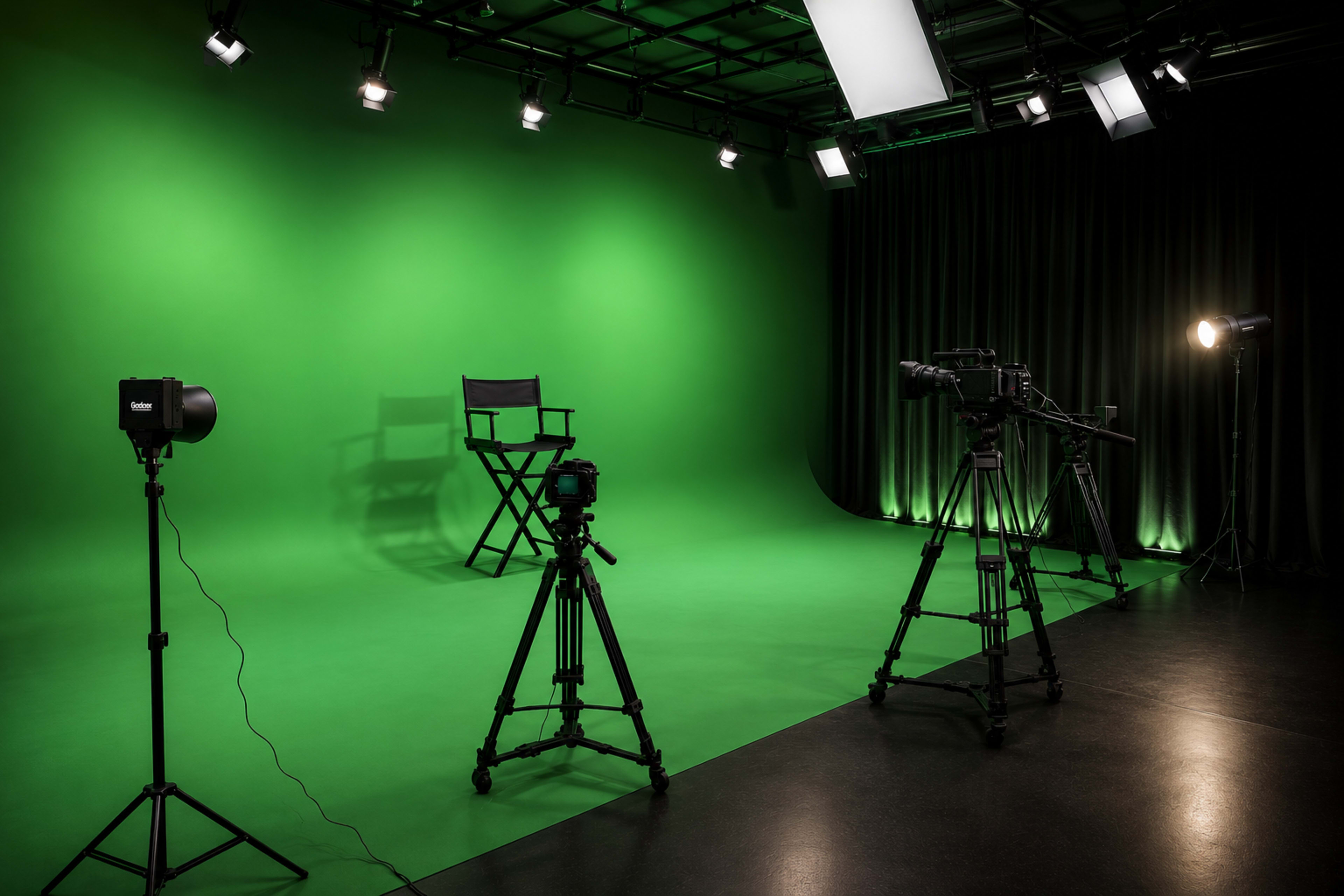 The image shows a green screen studio setup with lighting equipment and tripods for cameras arranged around an empty director's chair.