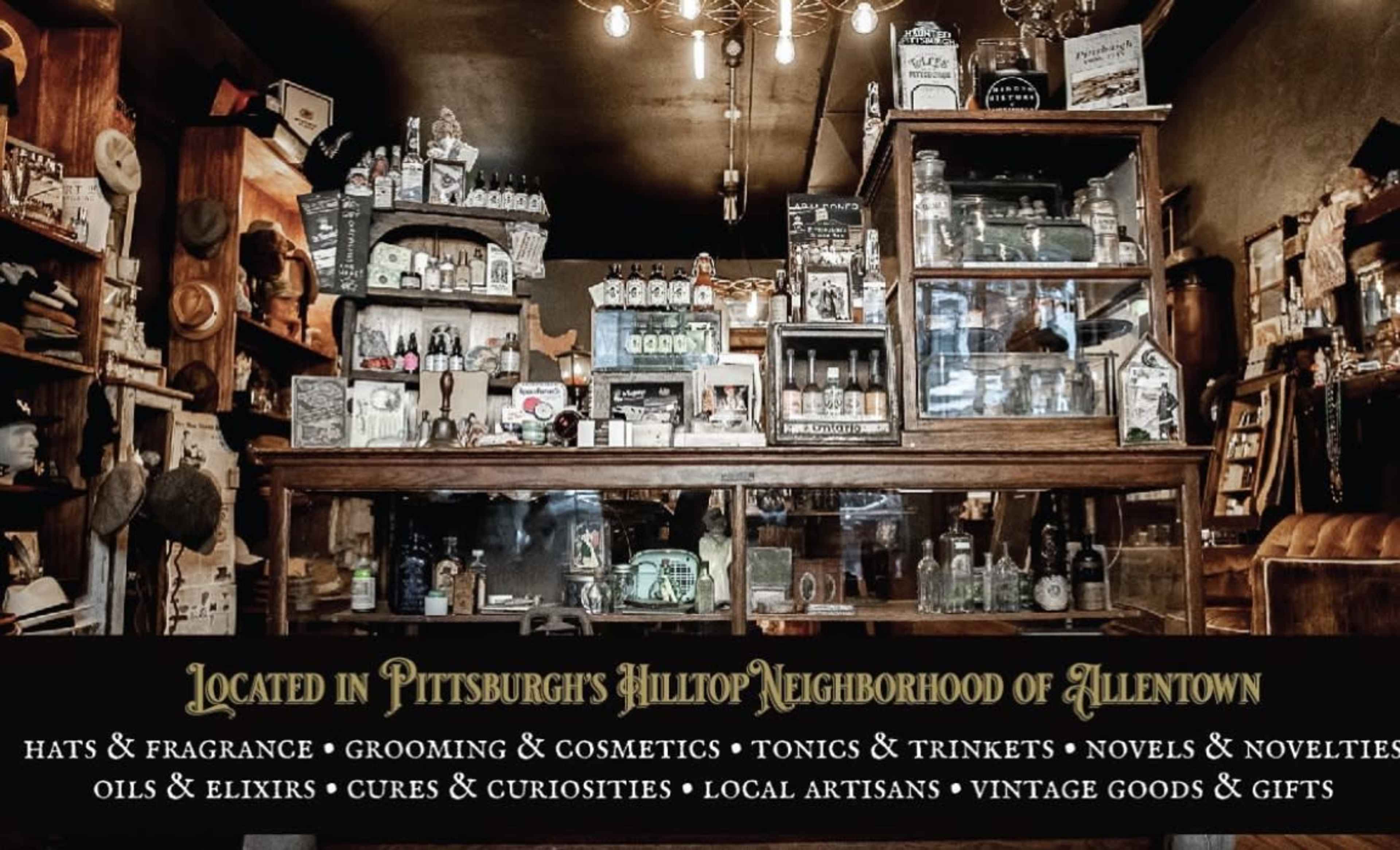 A vintage shop interior with wooden shelves displaying various items, including hats, cosmetics, tonics, and curiosities, illuminated by warm lighting.