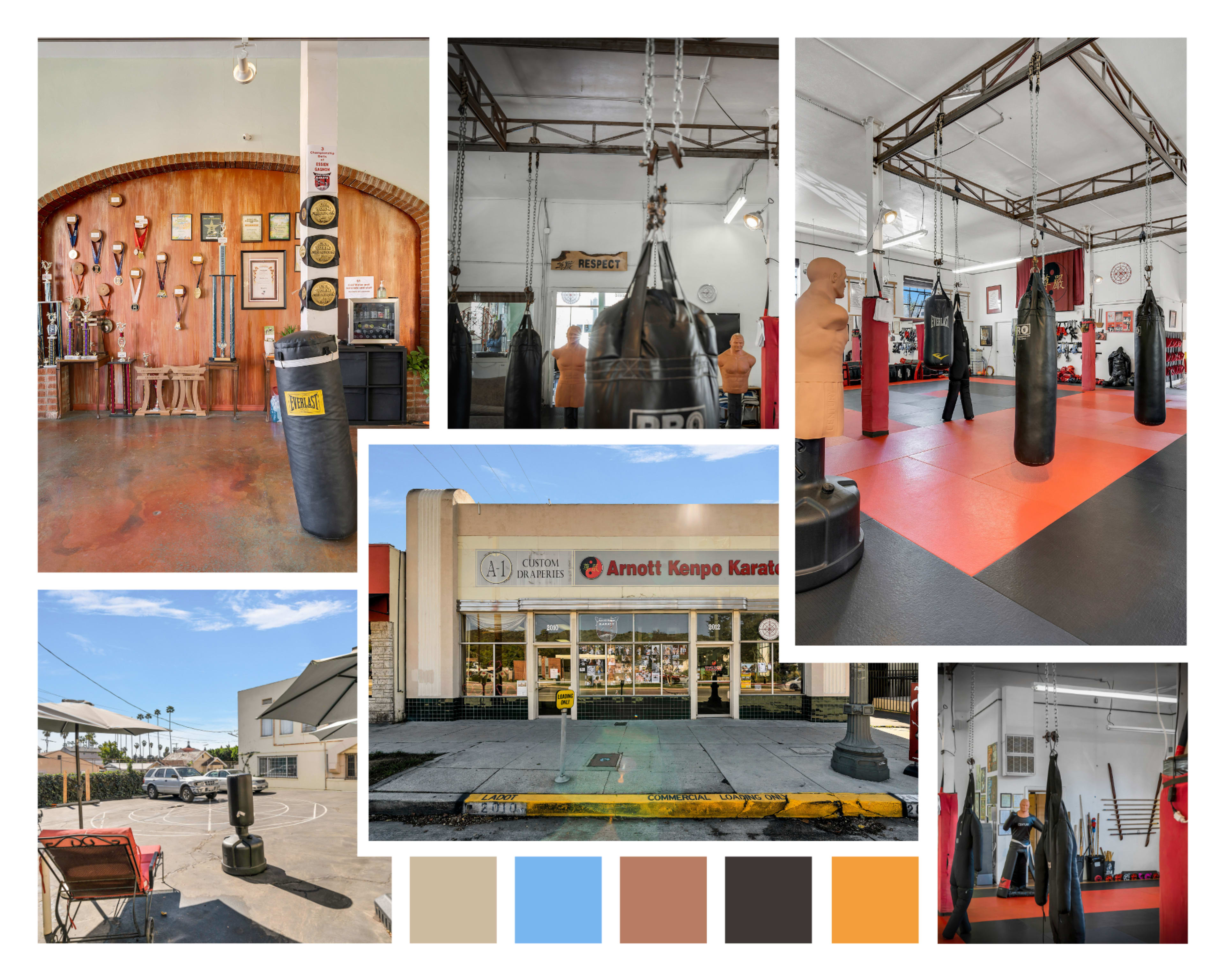 A martial arts dojo with training equipment, including hanging punching bags and trophies on the walls, along with the exterior view of the establishment.