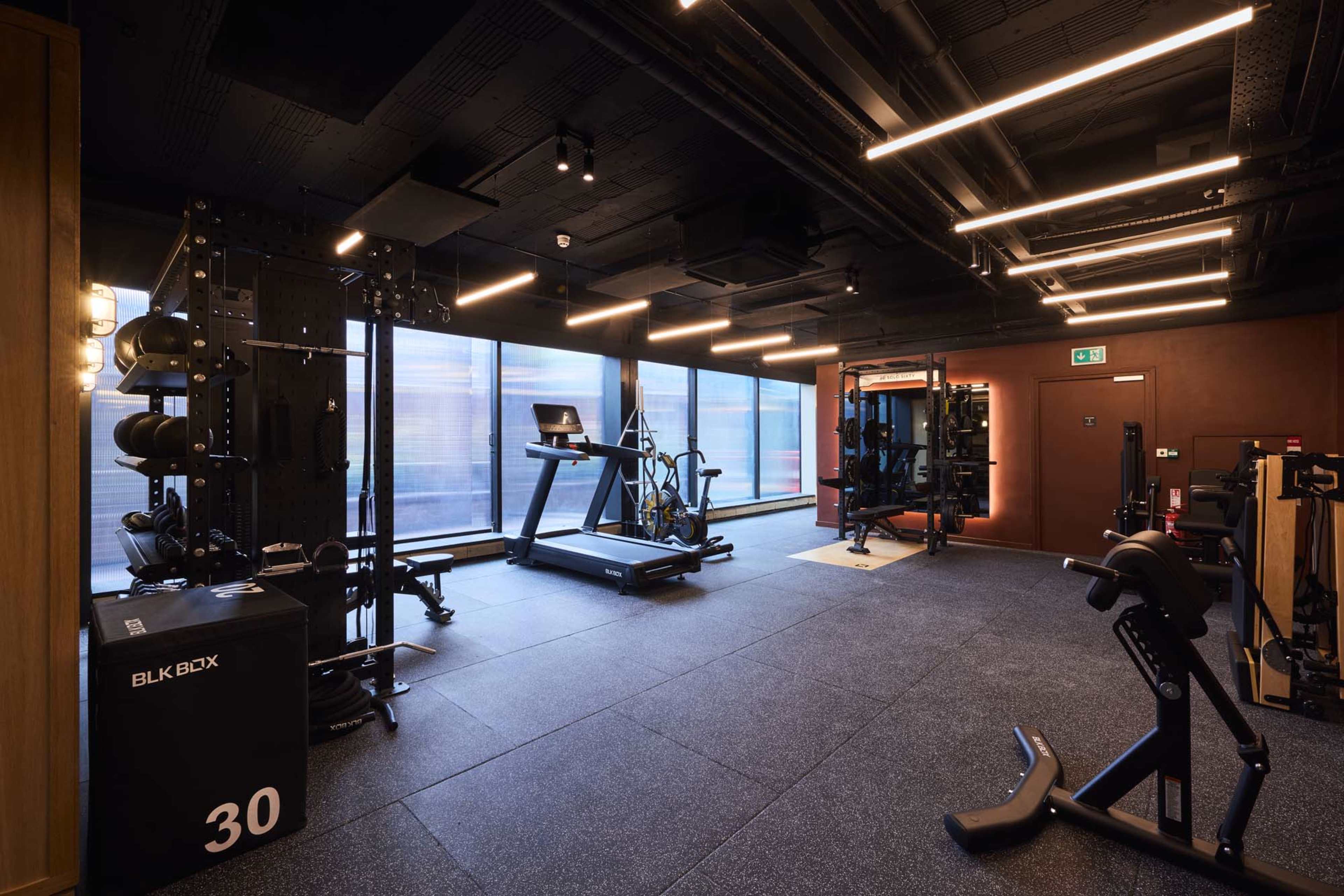 The image shows a modern gym interior equipped with various fitness machines, weights, and large windows allowing natural light to enter.