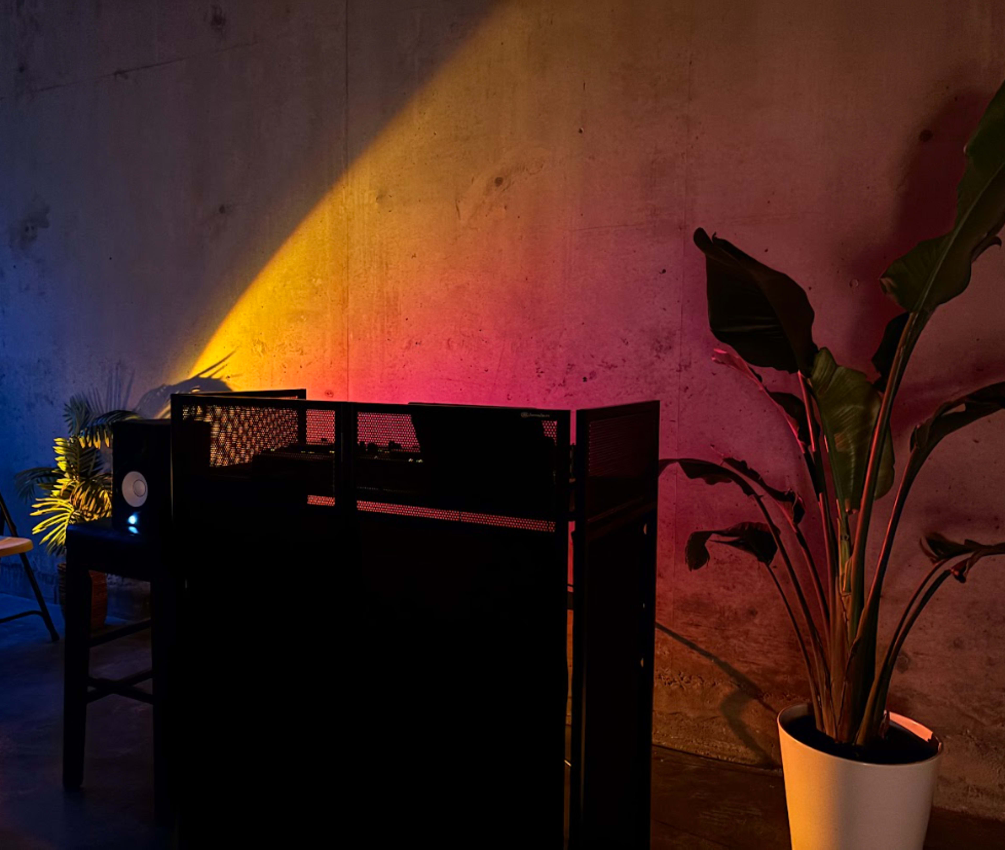 A black DJ booth is illuminated by colored light against a concrete wall, accompanied by a large potted plant and a small audio monitor on a nearby table.