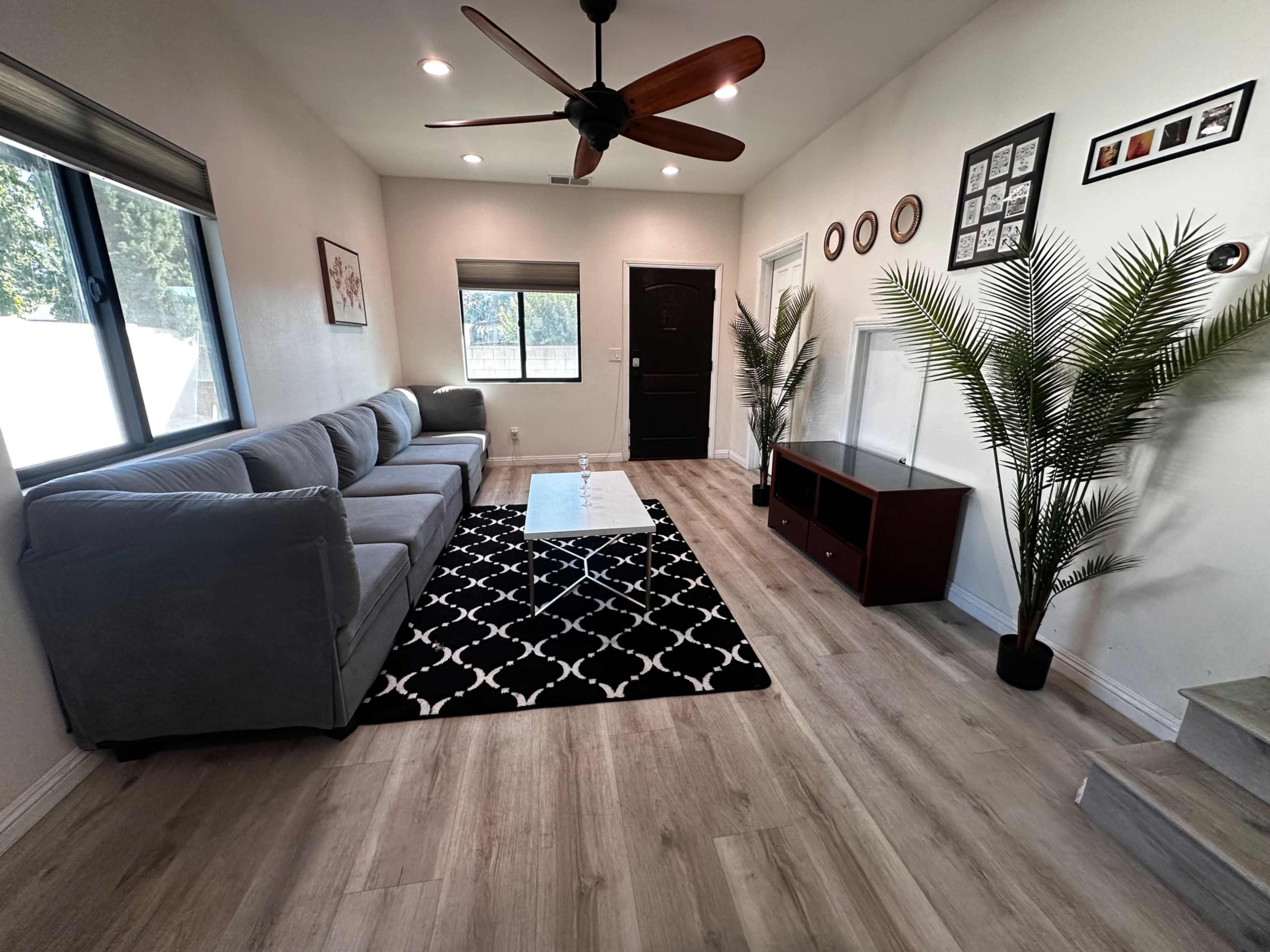 A modern living room with a gray sectional sofa, a glass coffee table on a patterned rug, and decorative plants in the corners.