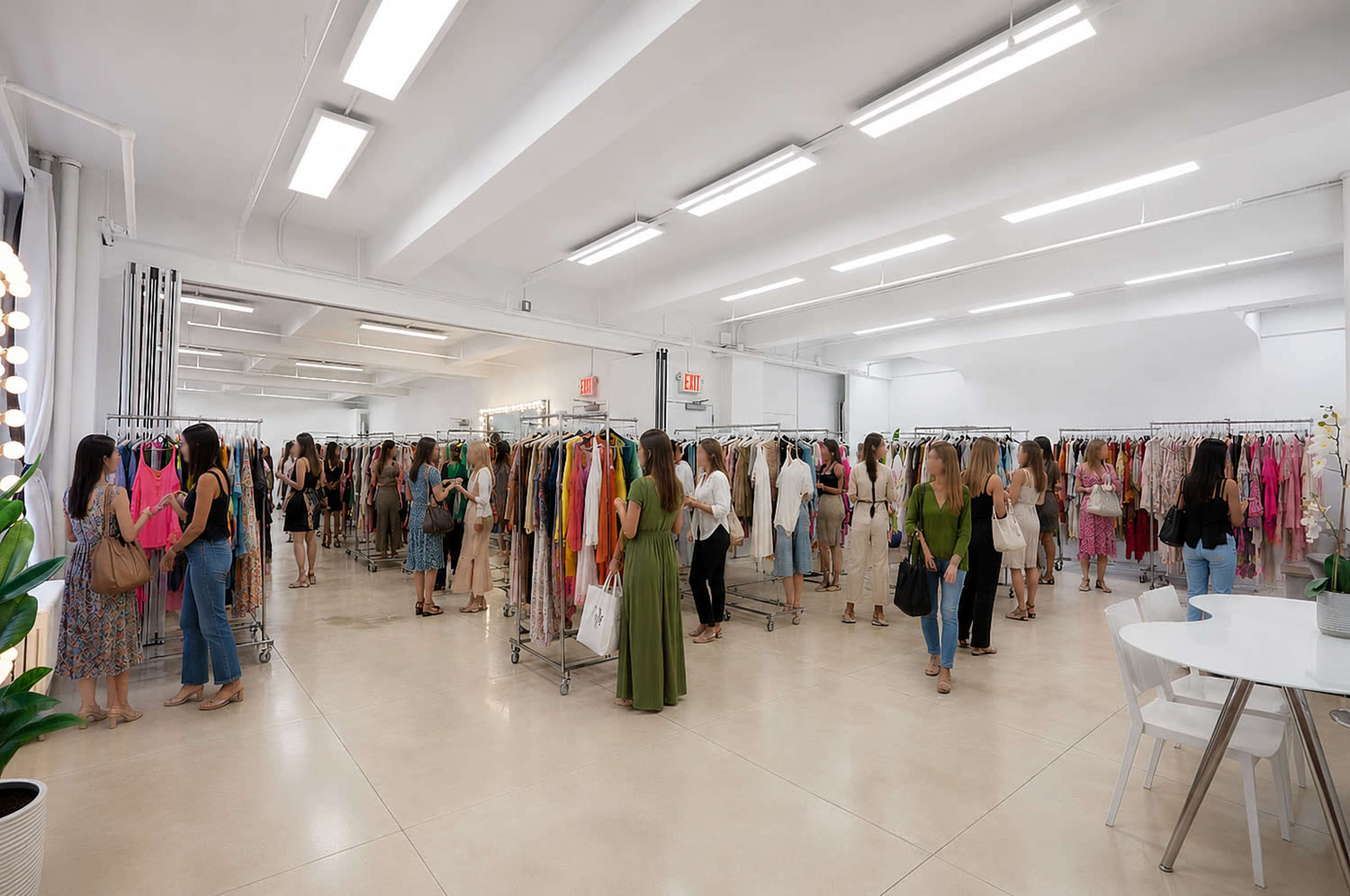 A spacious boutique features numerous clothing racks filled with vibrant garments, while shoppers browse and interact throughout the bright, well-lit room.