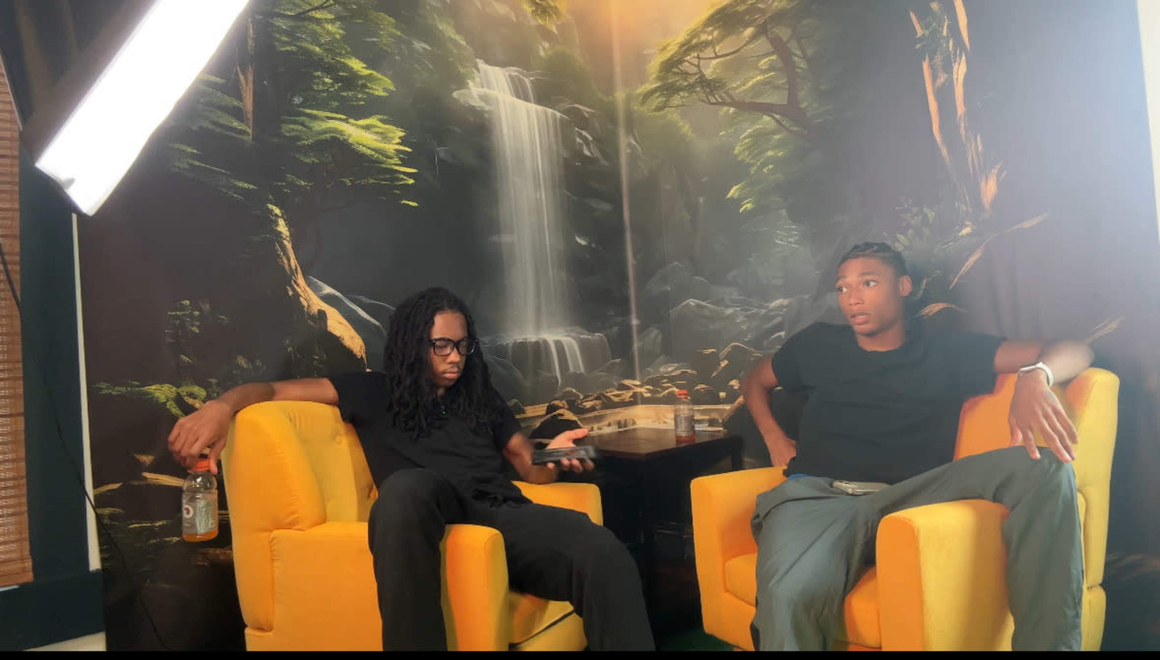 Two young men are seated in bright yellow armchairs in front of a large mural depicting a waterfall and forest scene, while one holds a drink and looks at his phone.