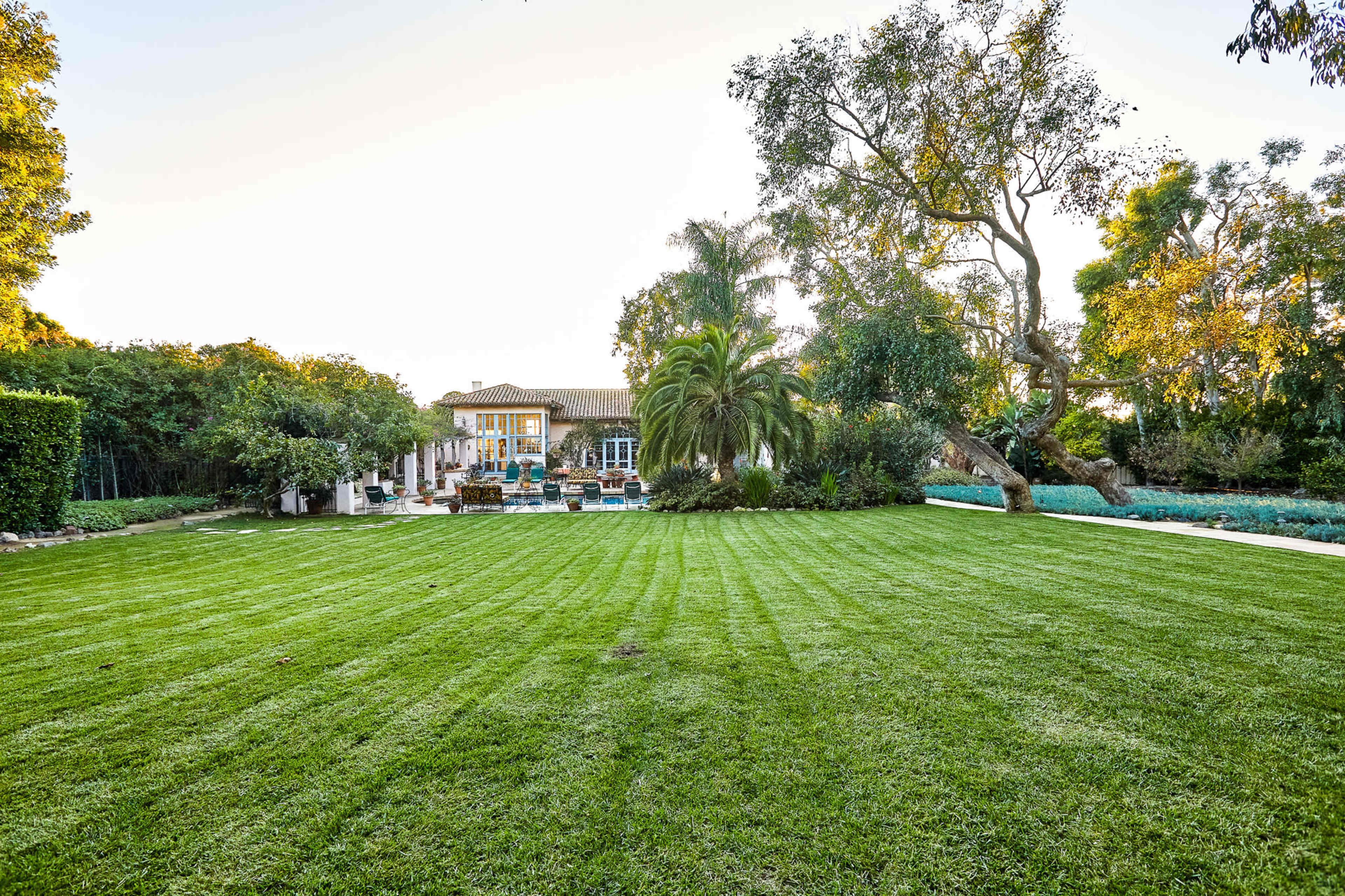 A well-manicured lawn in front of a large house surrounded by palm trees and lush greenery.