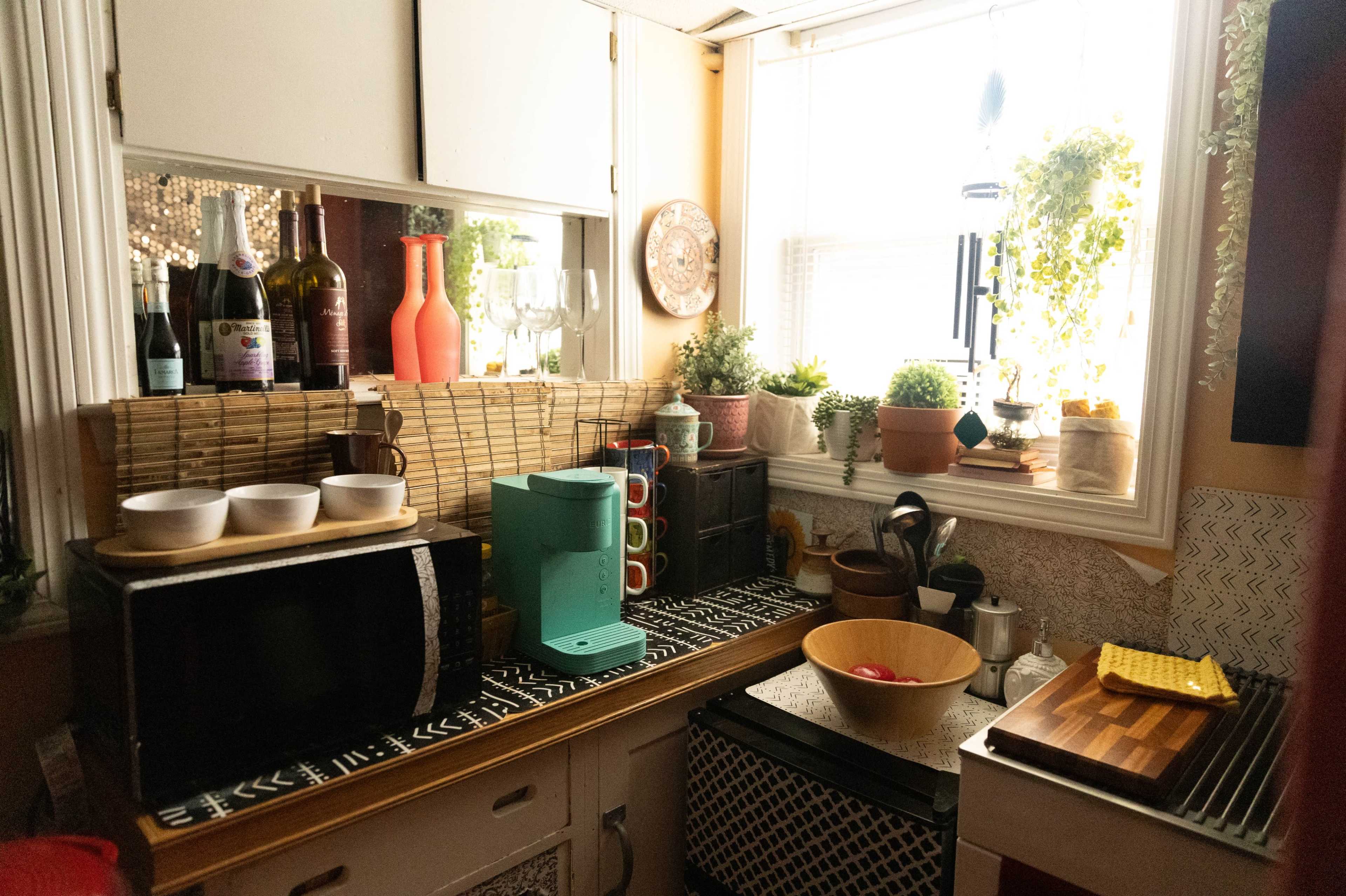 A compact kitchen features a microwave, coffee maker, and various plants on the countertops near a window.