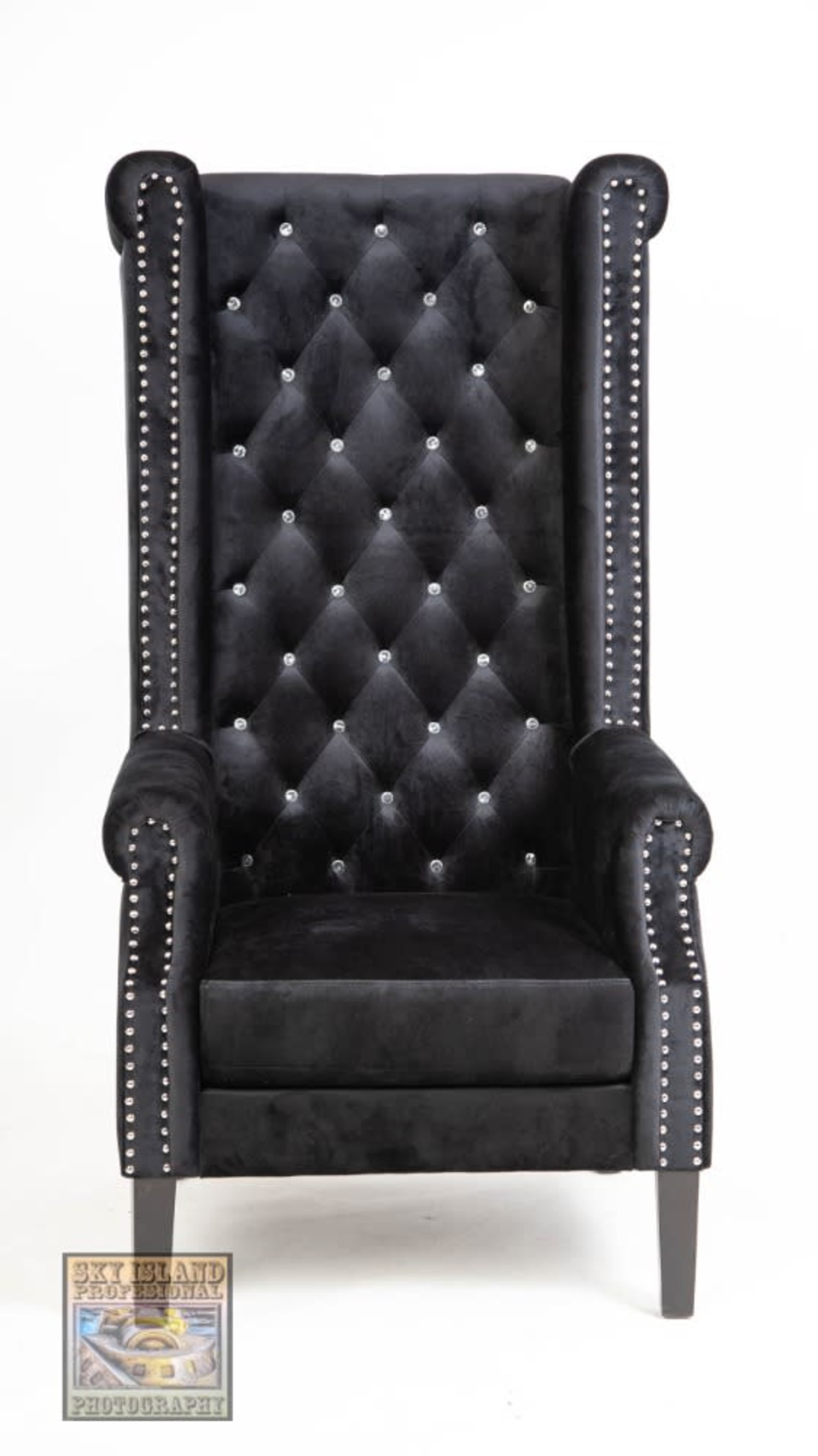 Thrown chair 70" Black velvet studded