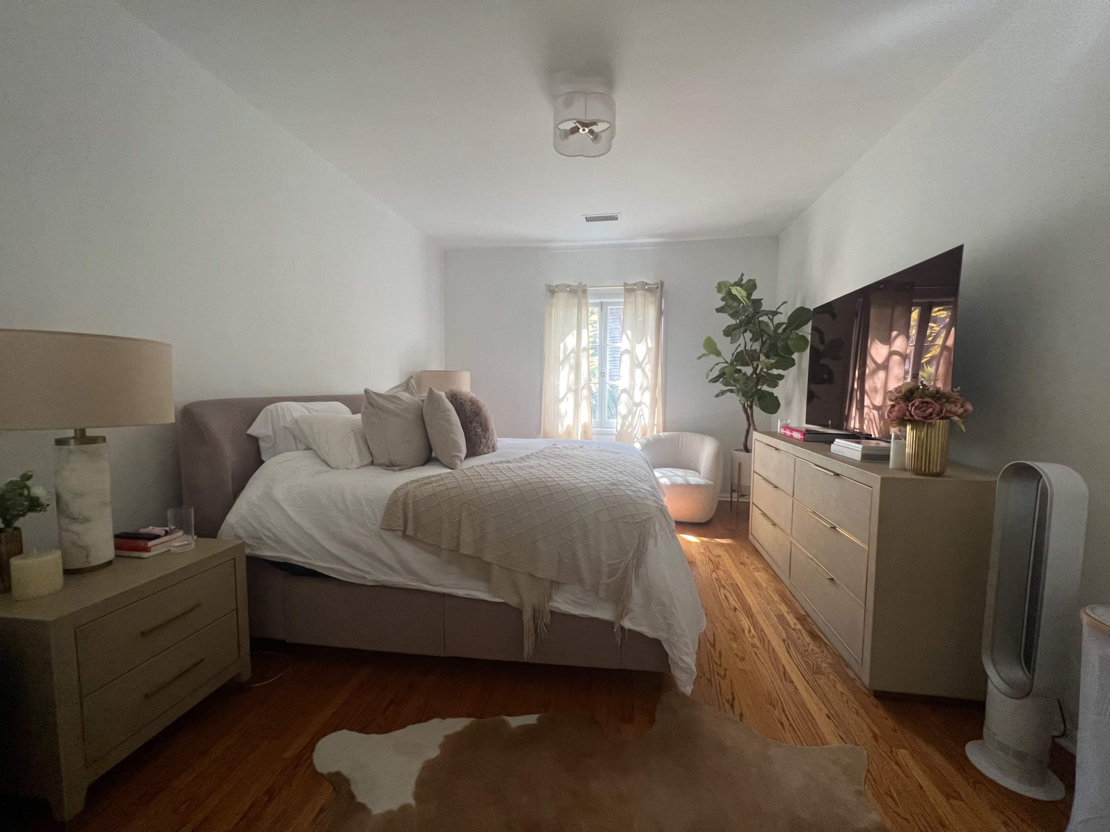 A spacious bedroom with a large bed, a dresser, a television mounted on the wall, a lamp beside the bed, and a plant near a window.