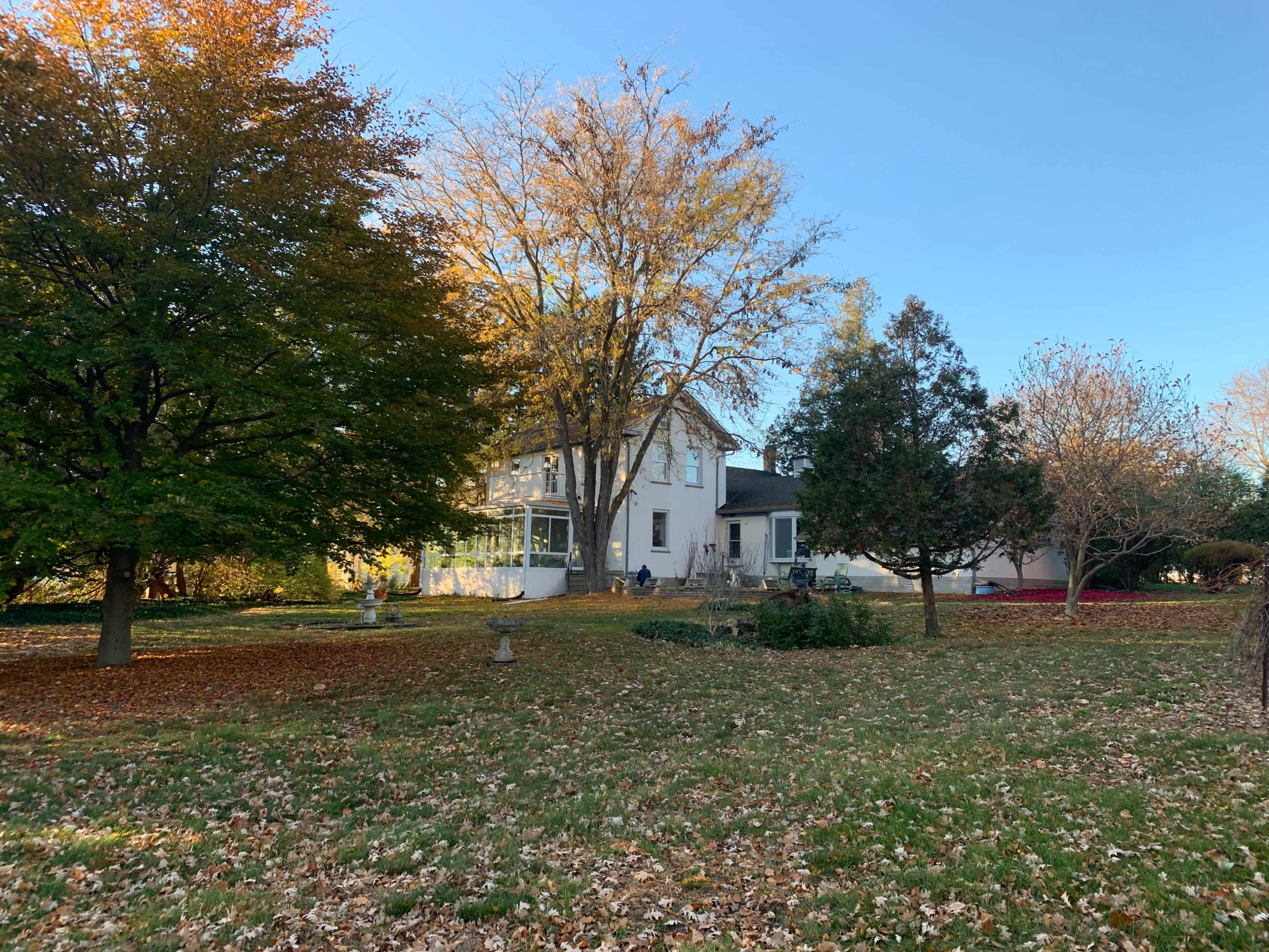 A white house with a porch is surrounded by trees and scattered fallen leaves in a yard during autumn.