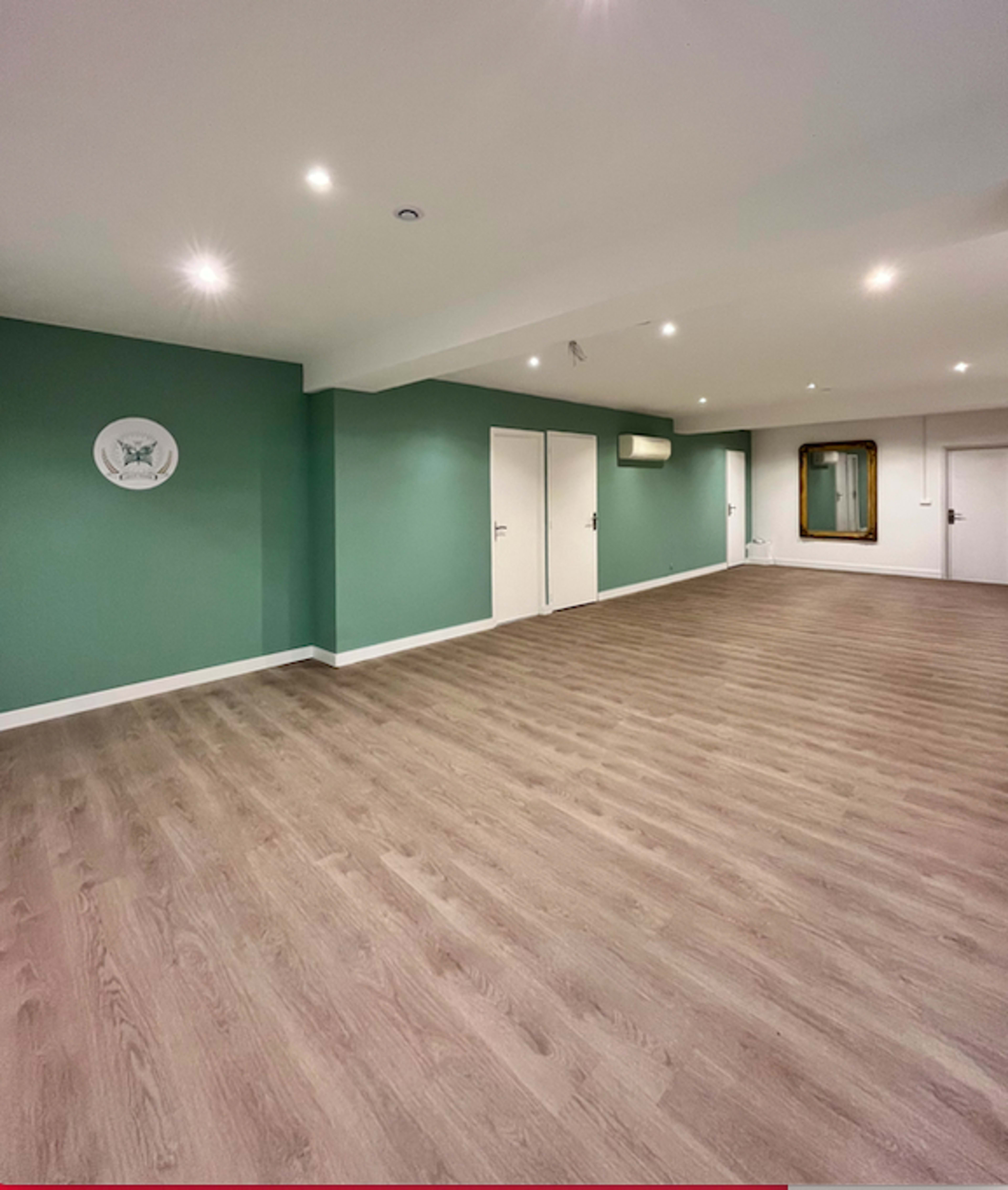 The image shows a spacious room with green walls, wooden flooring, and minimal furnishings, featuring two doors and a large mirror.