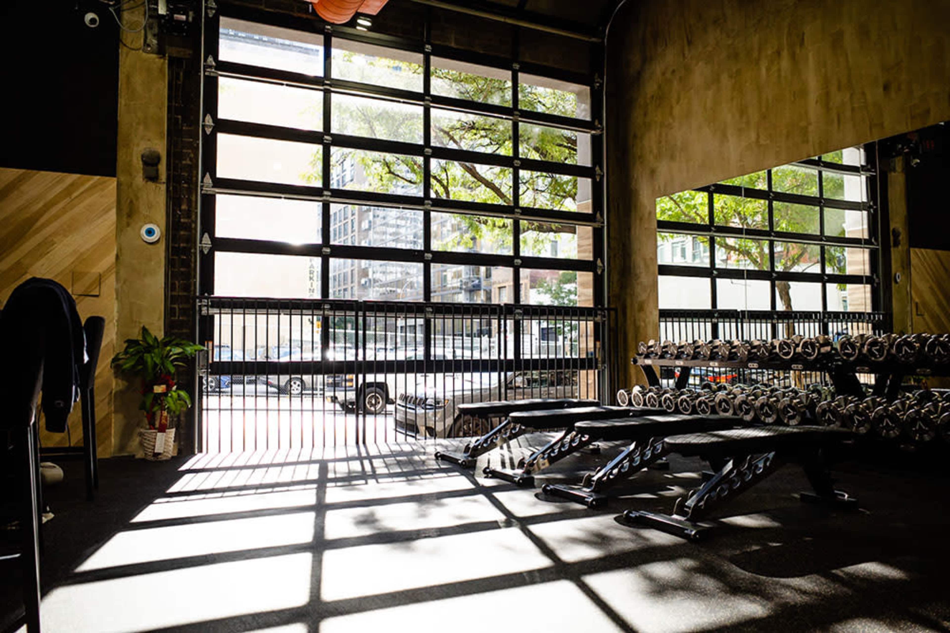 A gym interior featuring weight benches and dumbbells, with large windows allowing natural light to enter and cast shadows on the floor.
