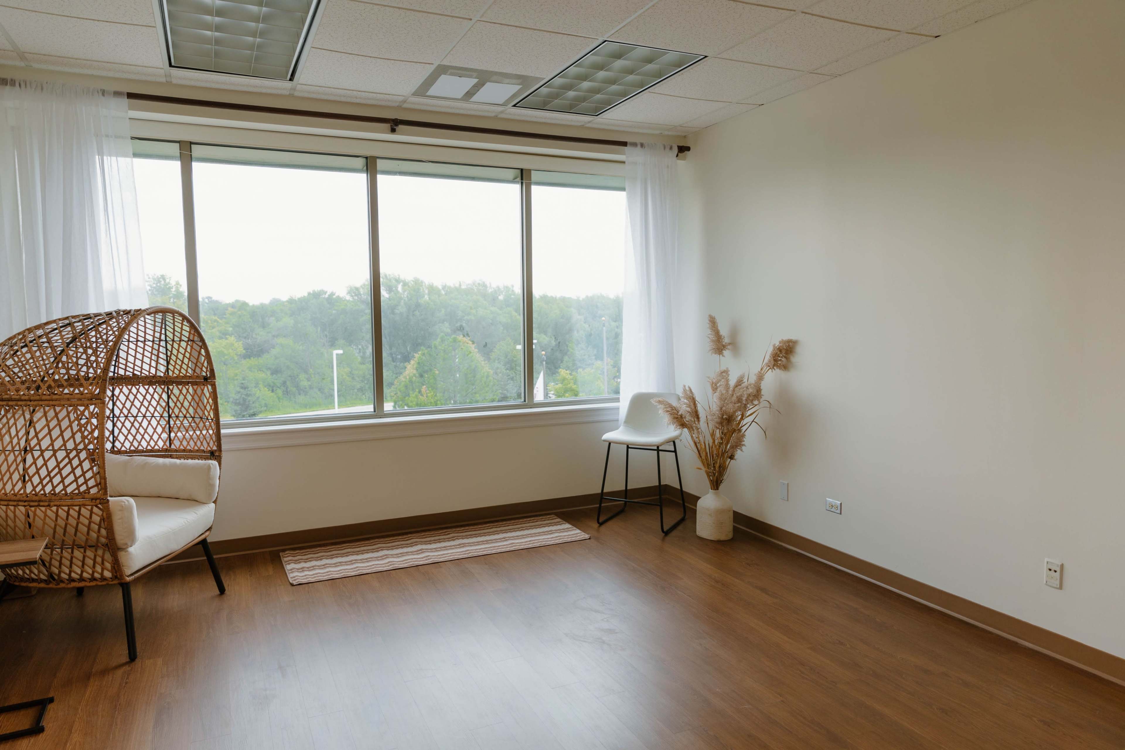 The room features a large window overlooking green trees, a wicker chair, a small white chair, and a decorative plant arrangement.