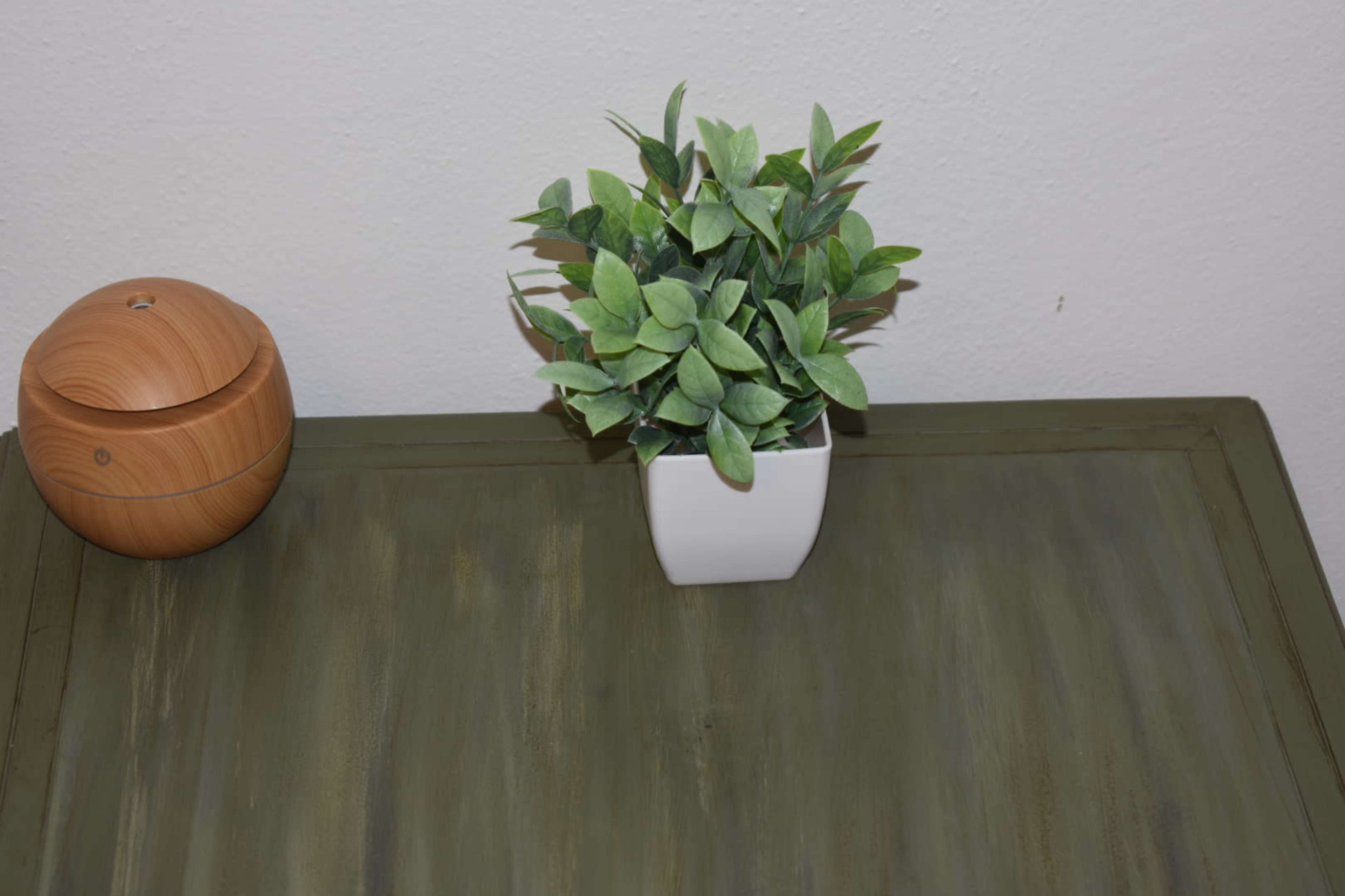 A small potted plant sits on a weathered green table beside a wooden lidded container.
