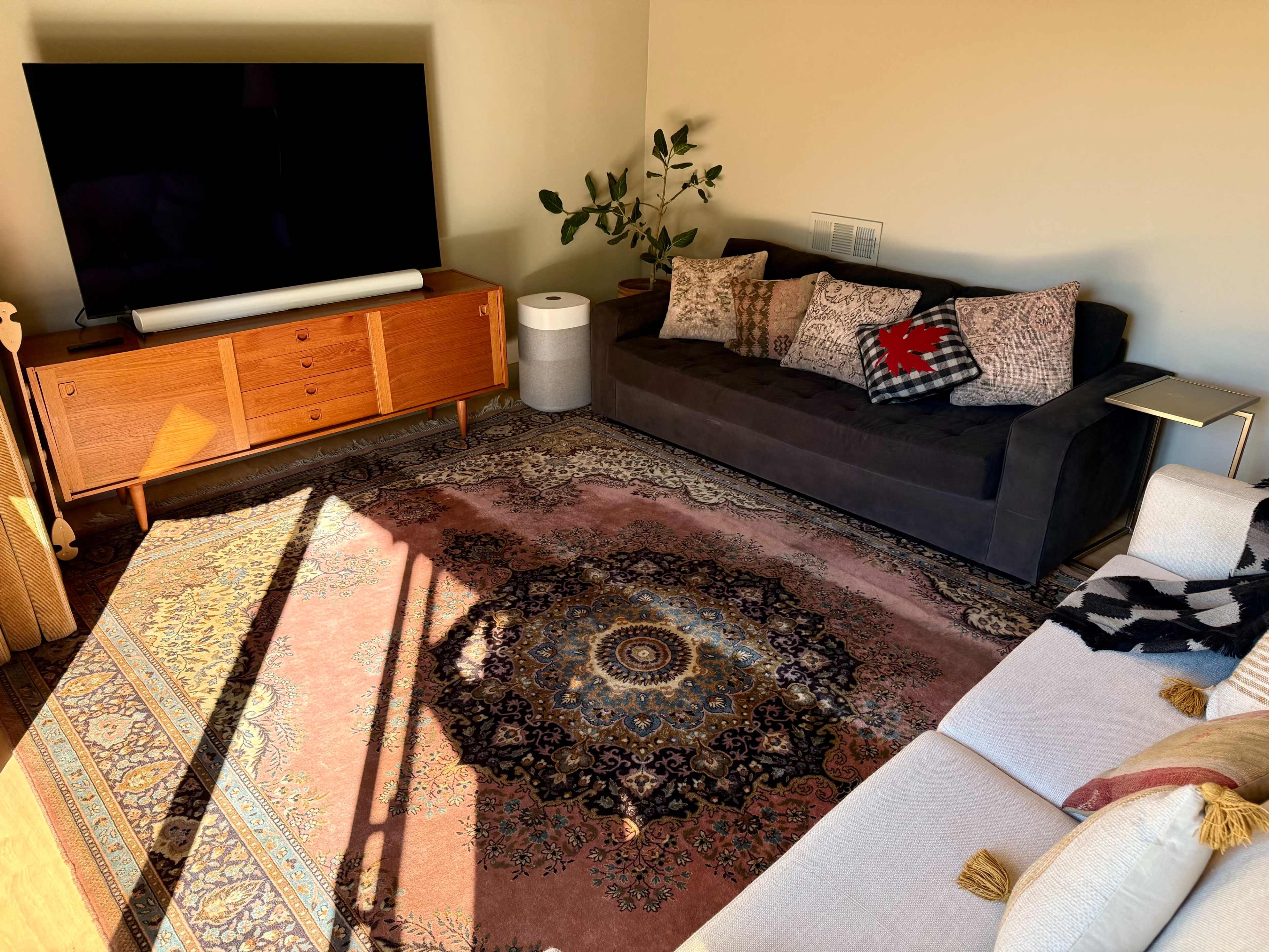 The image shows a living room with two sofas, a wooden media console under a large television, and a decorative rug on the floor.