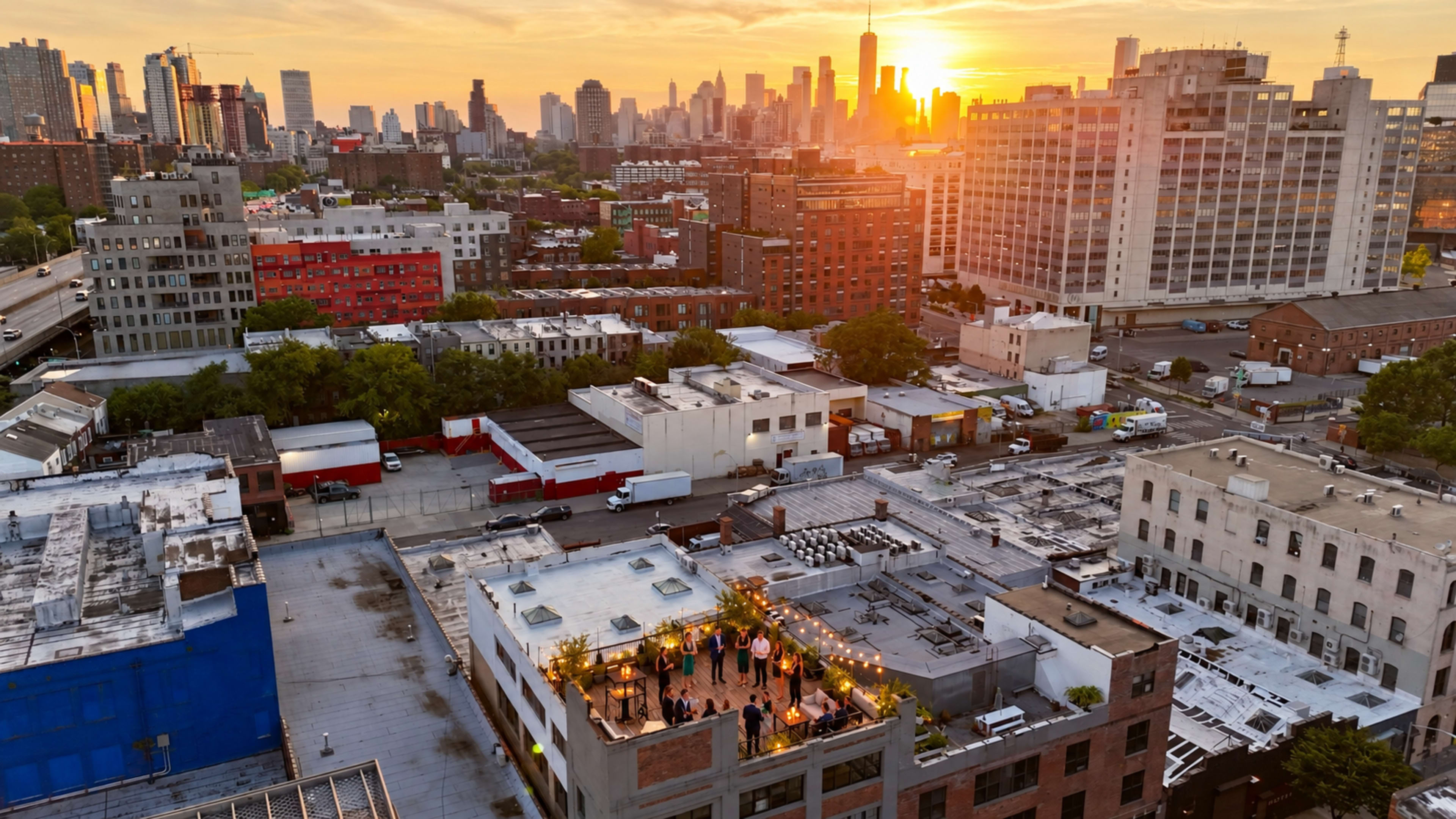 A rooftop gathering is set against a sunset skyline of a city, with buildings and vehicles visible below.