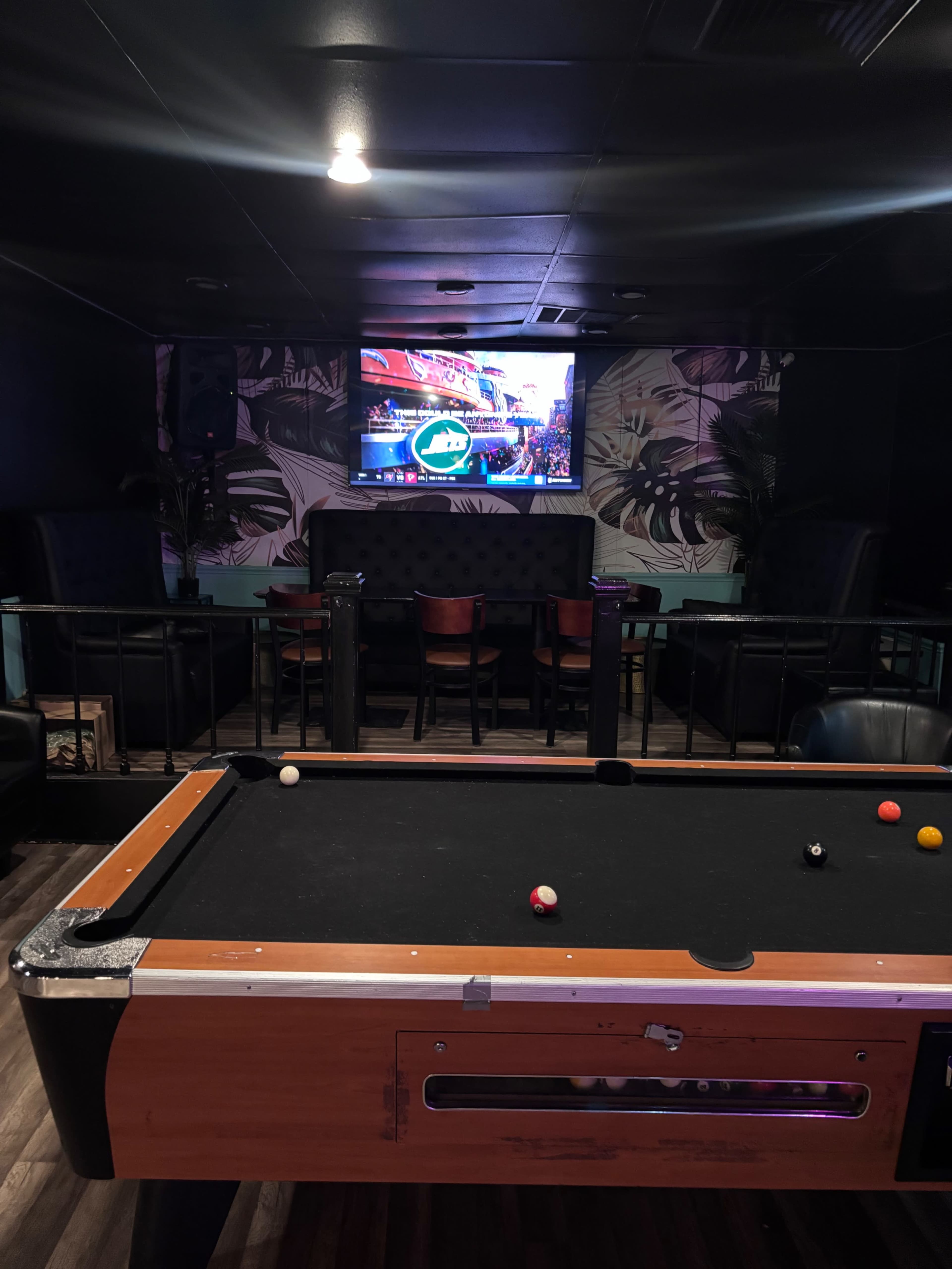 A pool table is set in front of a wall-mounted television in a dimly lit lounge with tropical-themed decor.
