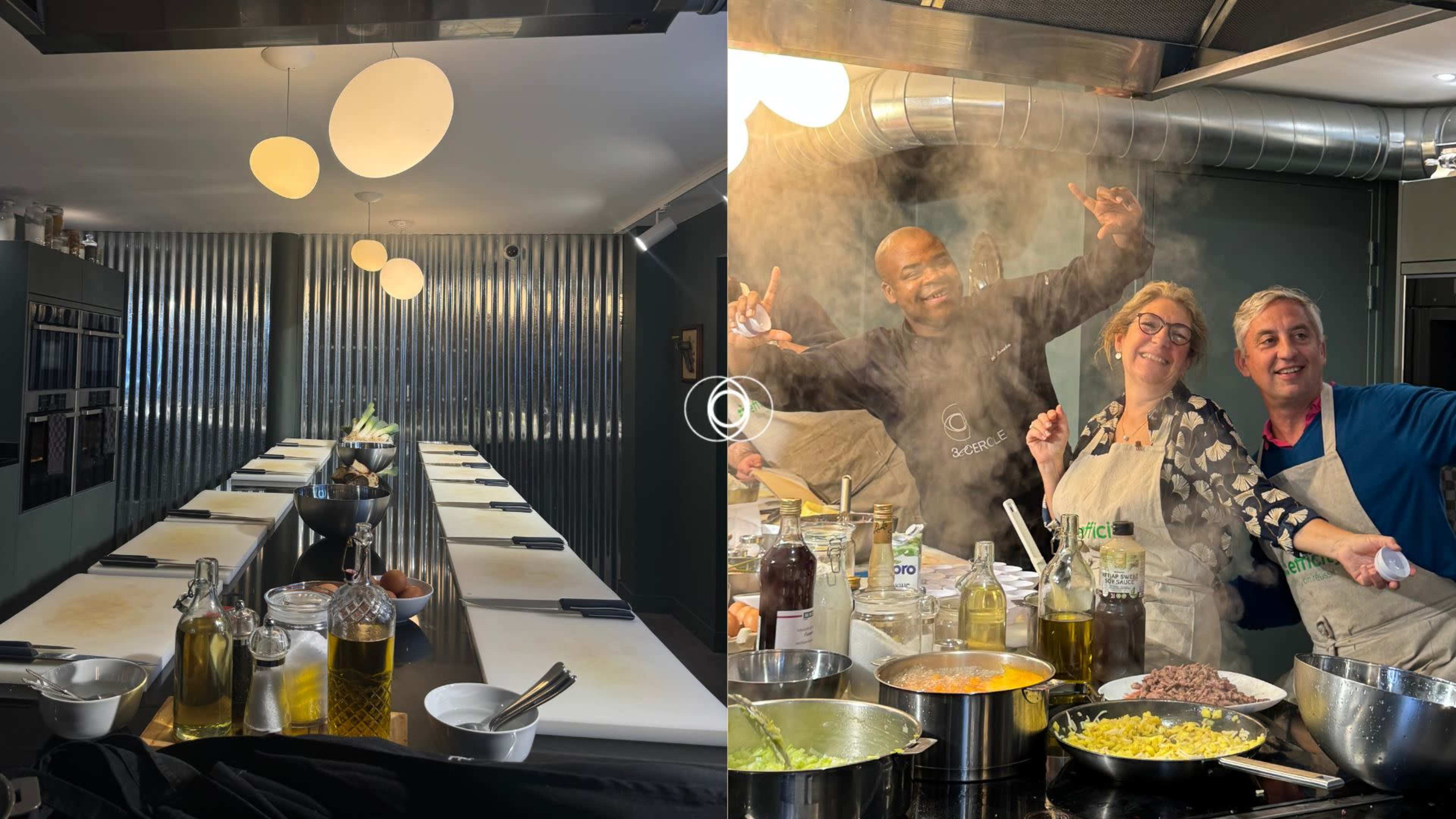 The image shows a well-equipped cooking studio with a clean, organized countertop on one side and a lively group of three people cooking and having fun on the other side.