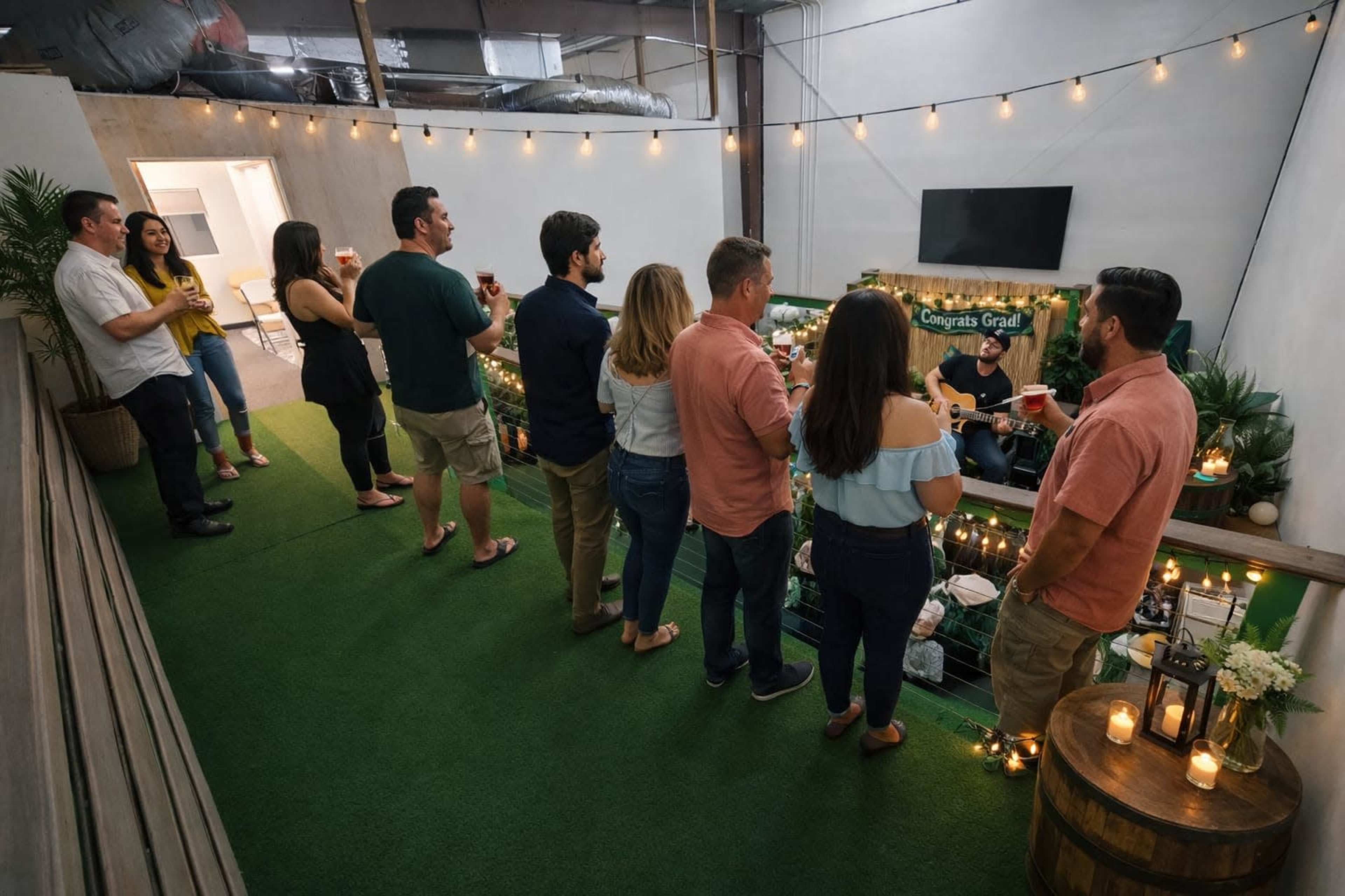A group of eight people stands along a wall, watching a musician perform in a decorated indoor space with plants and string lights.