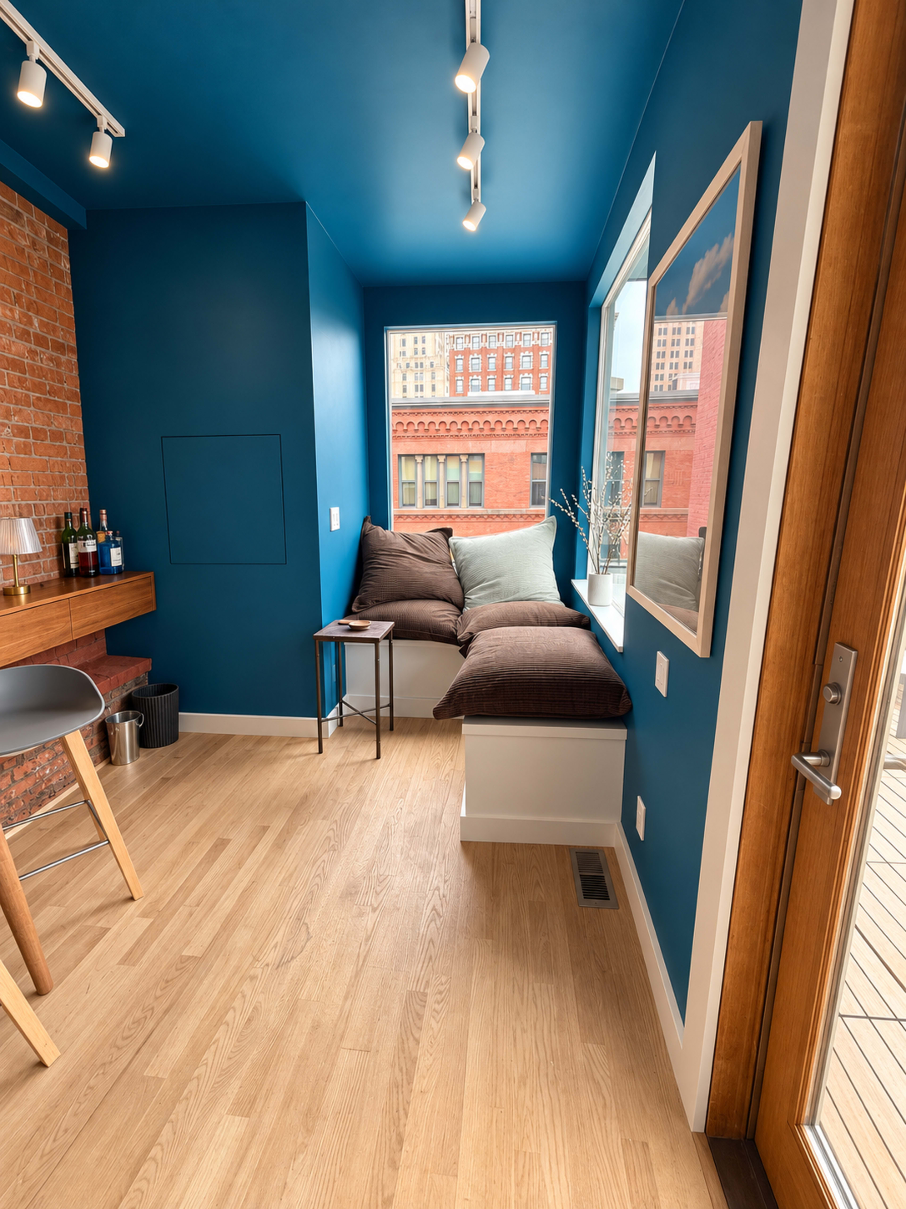 The image shows a brightly lit corner of a room with blue walls, a window seat with cushions, and a small table, overlooking an urban view.