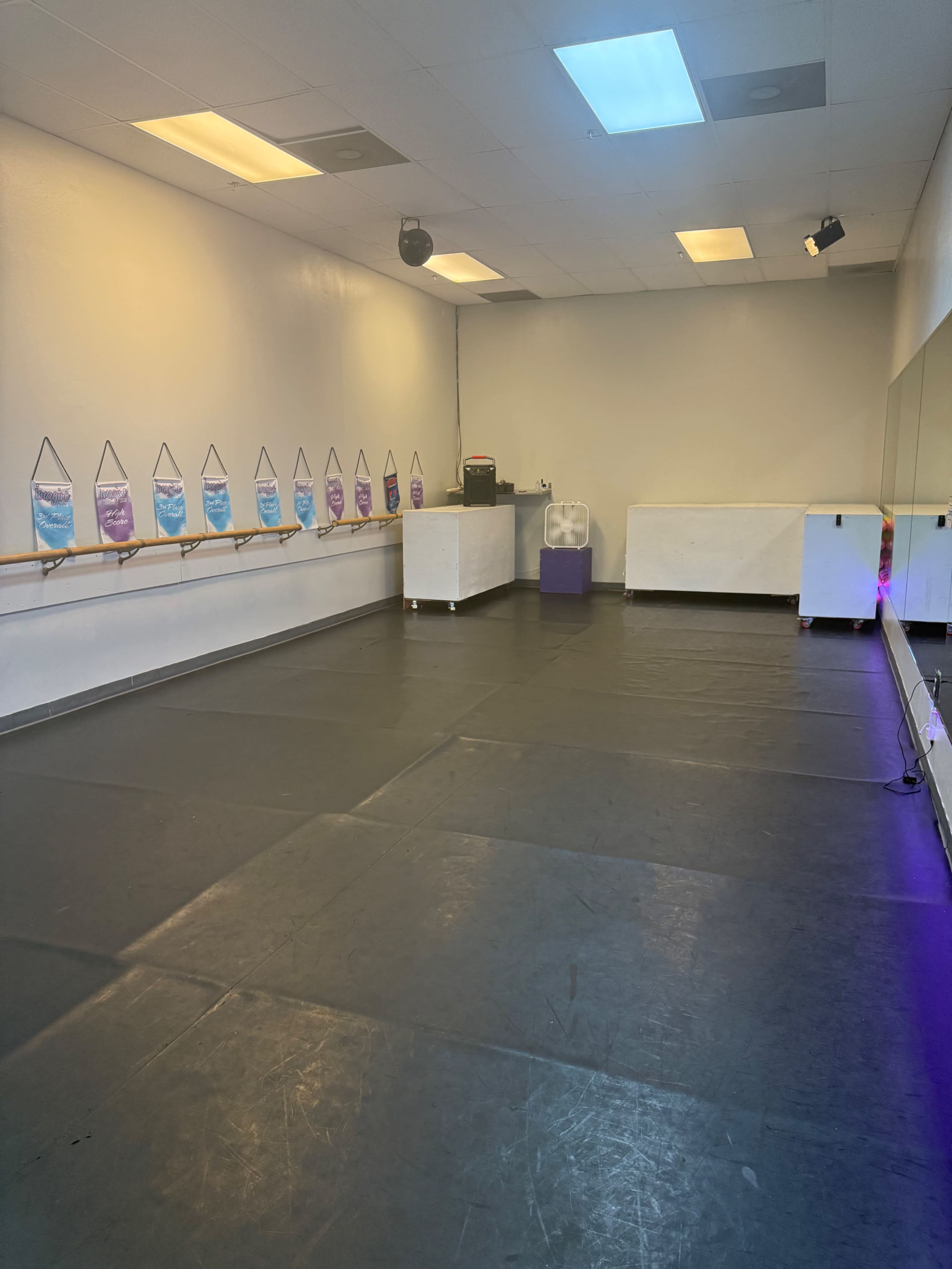 The image shows a spacious dance studio with a mirrored wall, grey flooring, and colorful banners hanging along one side.