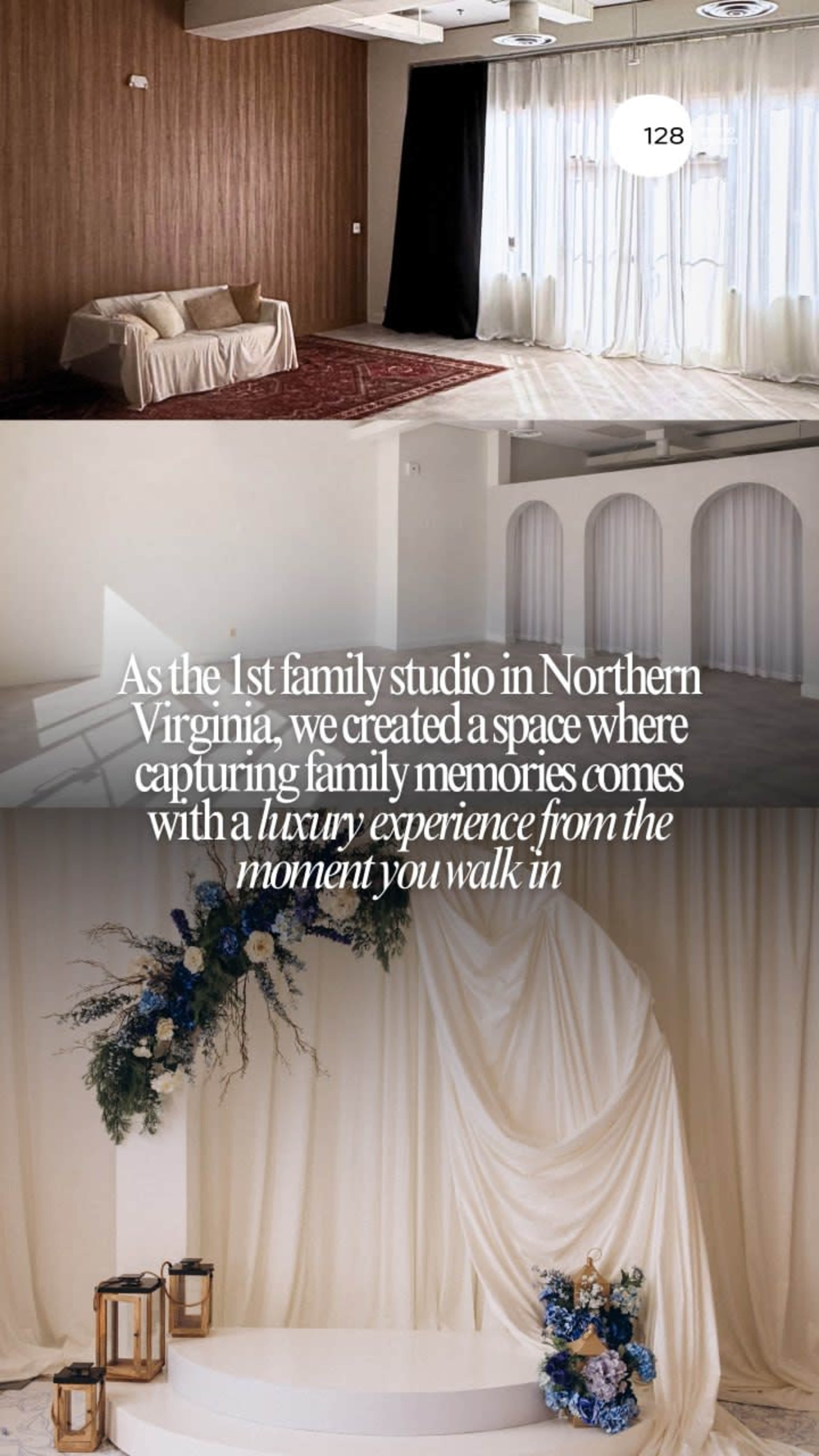 The image features a beautifully designed family studio in Northern Virginia, showcasing elegant drapery and decorative elements for photo sessions.