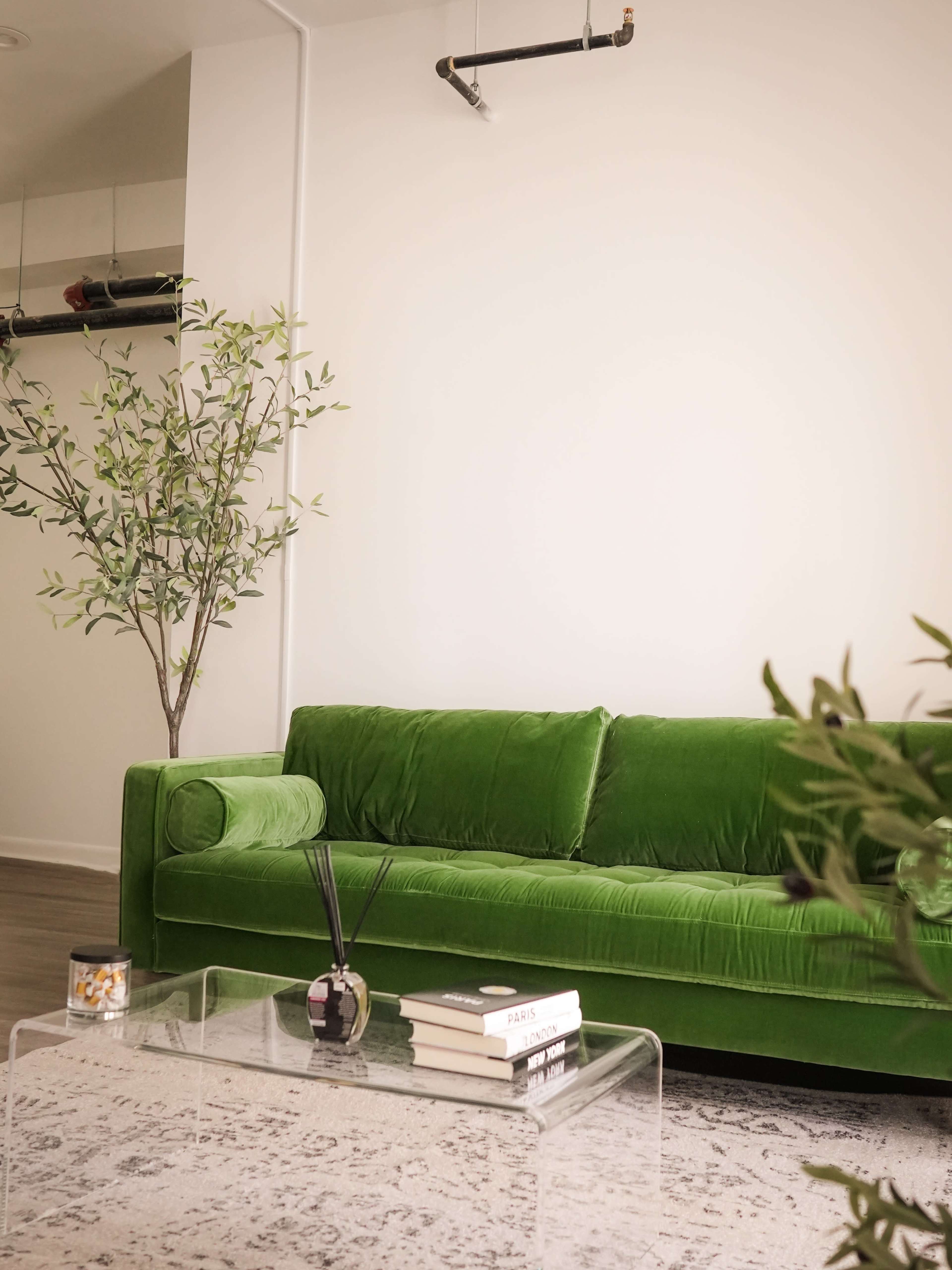 A green velvet sofa is positioned against a white wall, accompanied by potted plants and a glass coffee table with books and a decorative item.