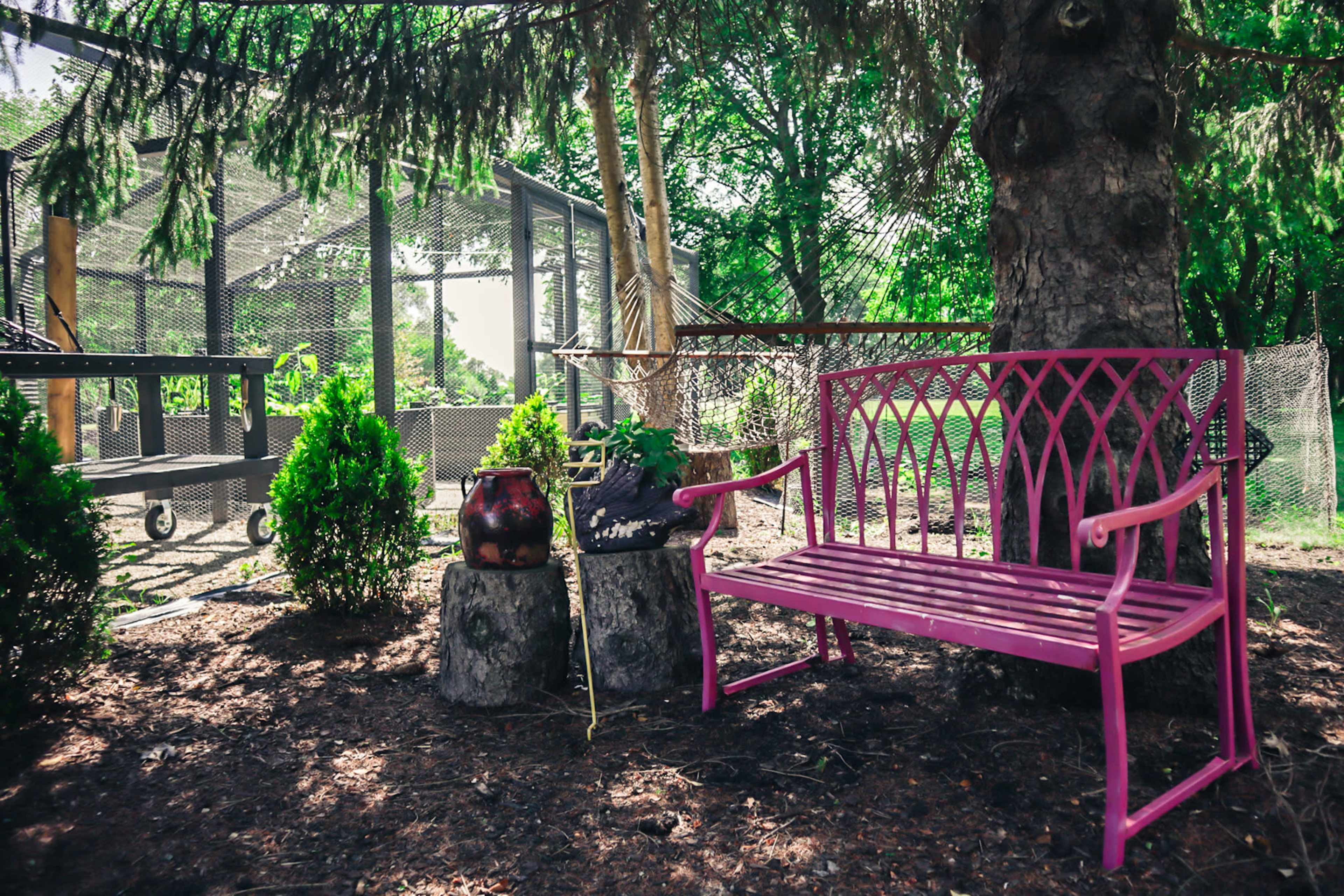 A pink metal bench sits beside two tree stump planters in a garden with a fenced area in the background.