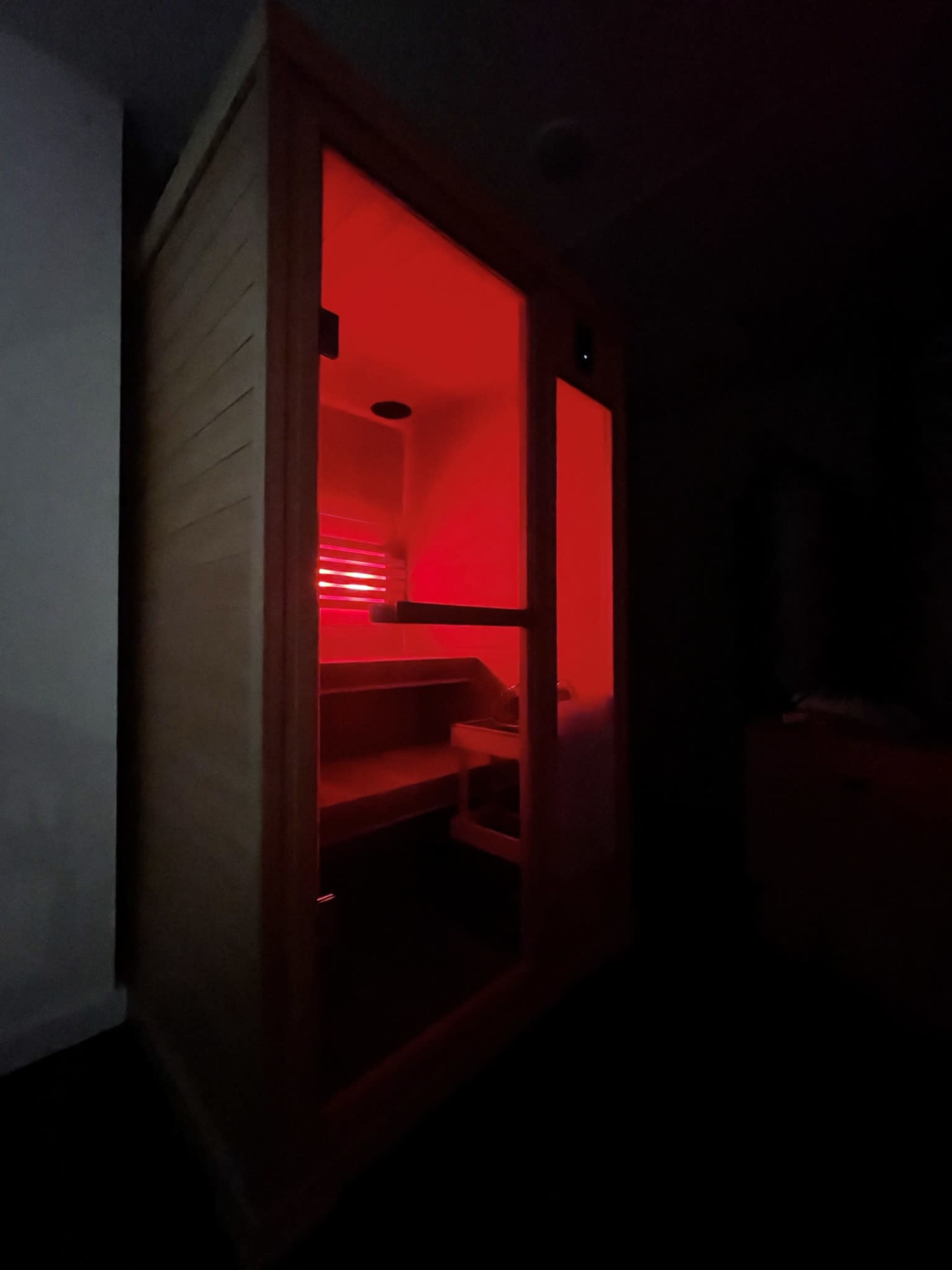 A wooden sauna with red lighting is positioned in a dimly lit room.