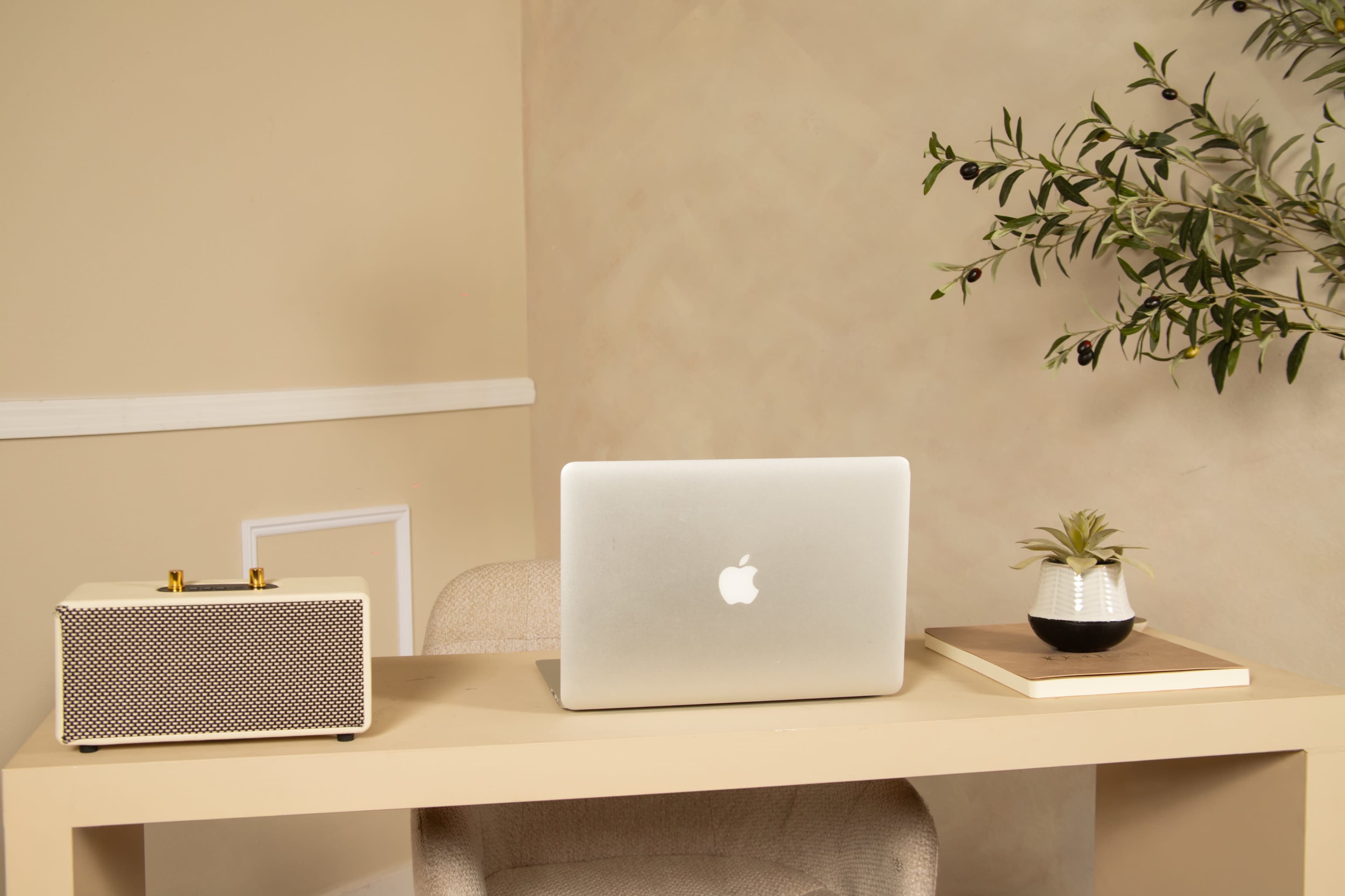 A minimalist workspace features a MacBook, a decorative plant, and a speaker on a light-colored desk against a neutral backdrop.