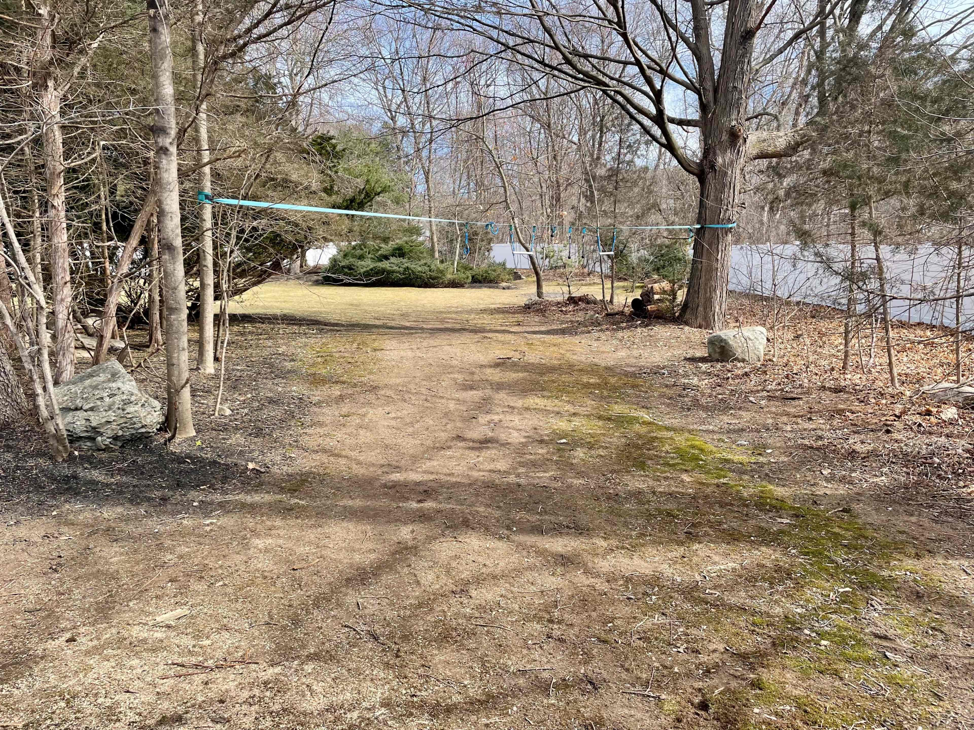 A dirt path winds through a wooded area with bare trees and sparse grass.